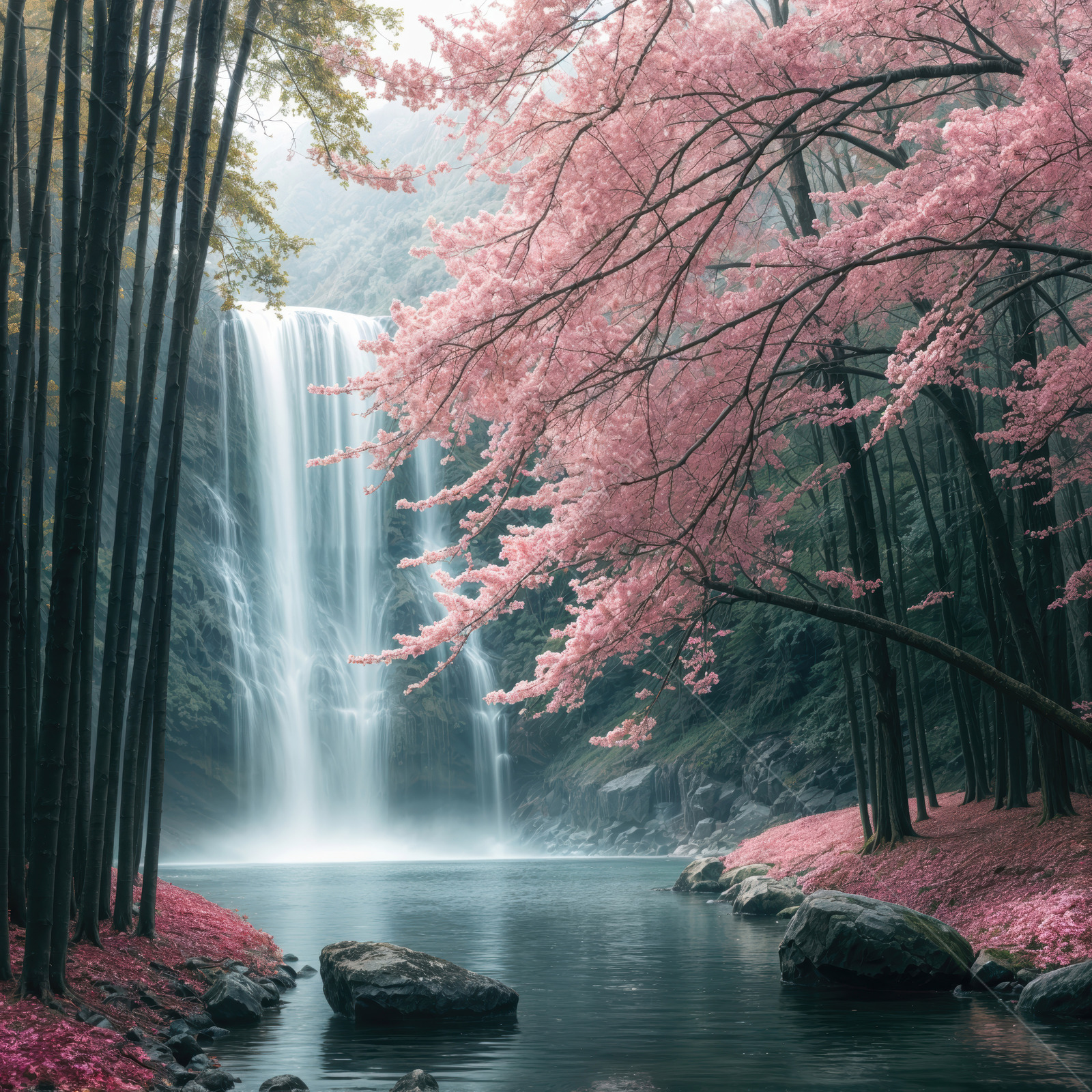 Lush pink blossoms surround a tranquil waterfall in a serene liminal landscape