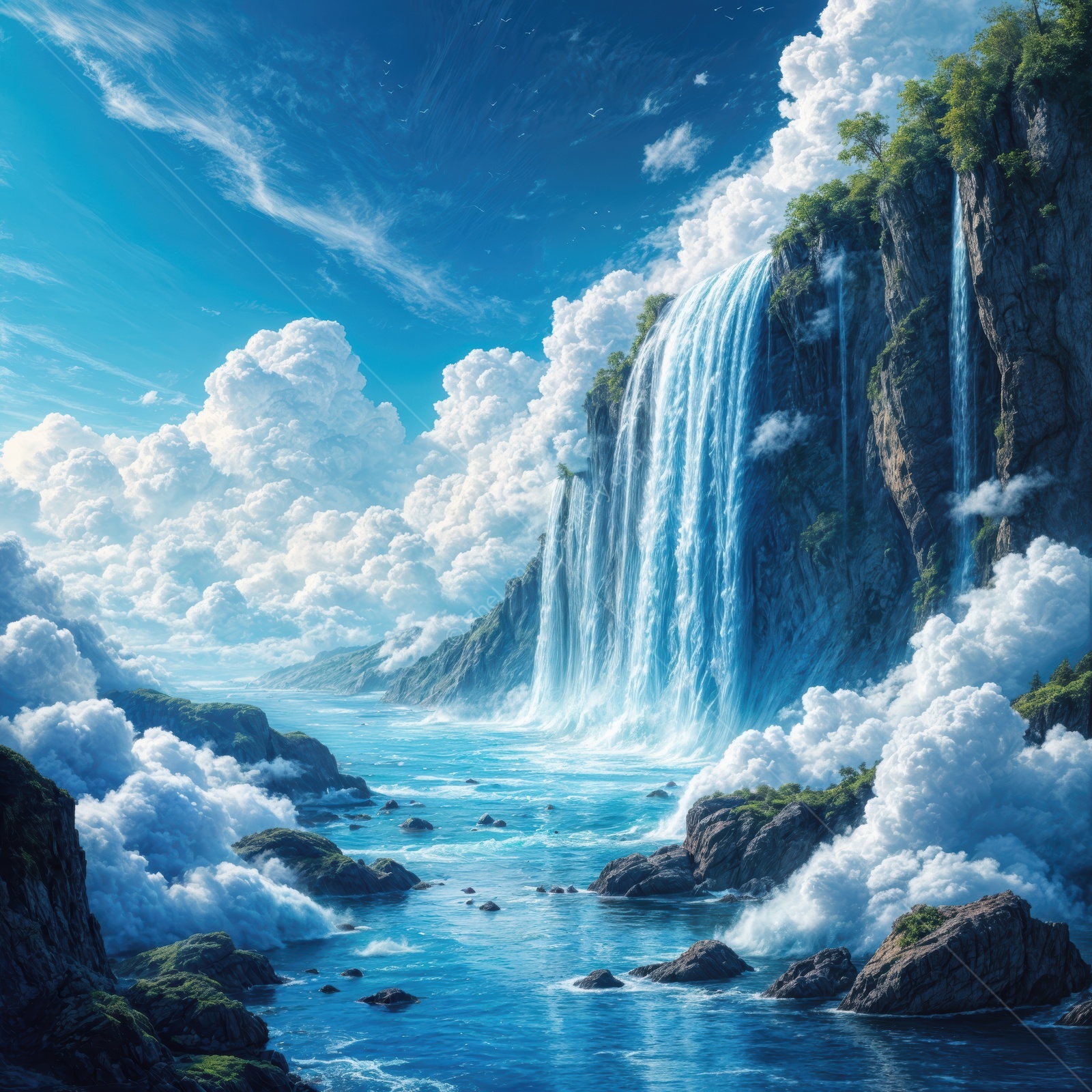 Majestic waterfall cascades through surreal clouds under a radiant blue sky
