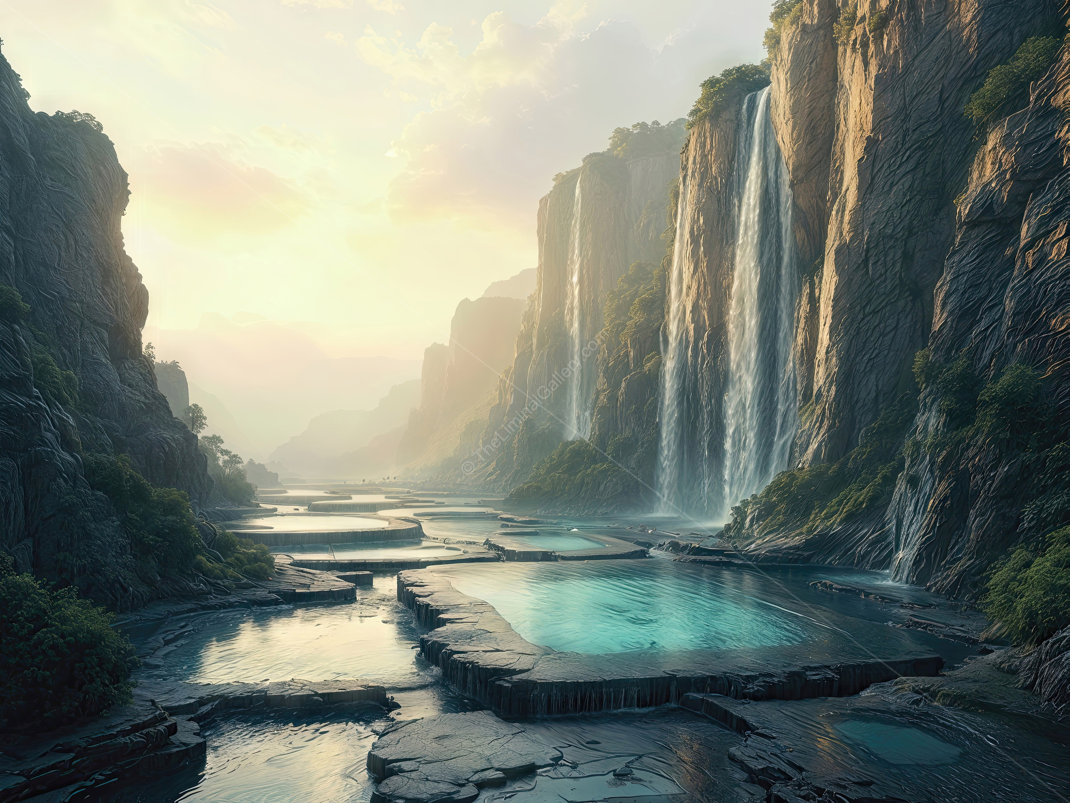 Majestic waterfalls cascading into serene pools under a glowing sunset in a mystical landscape