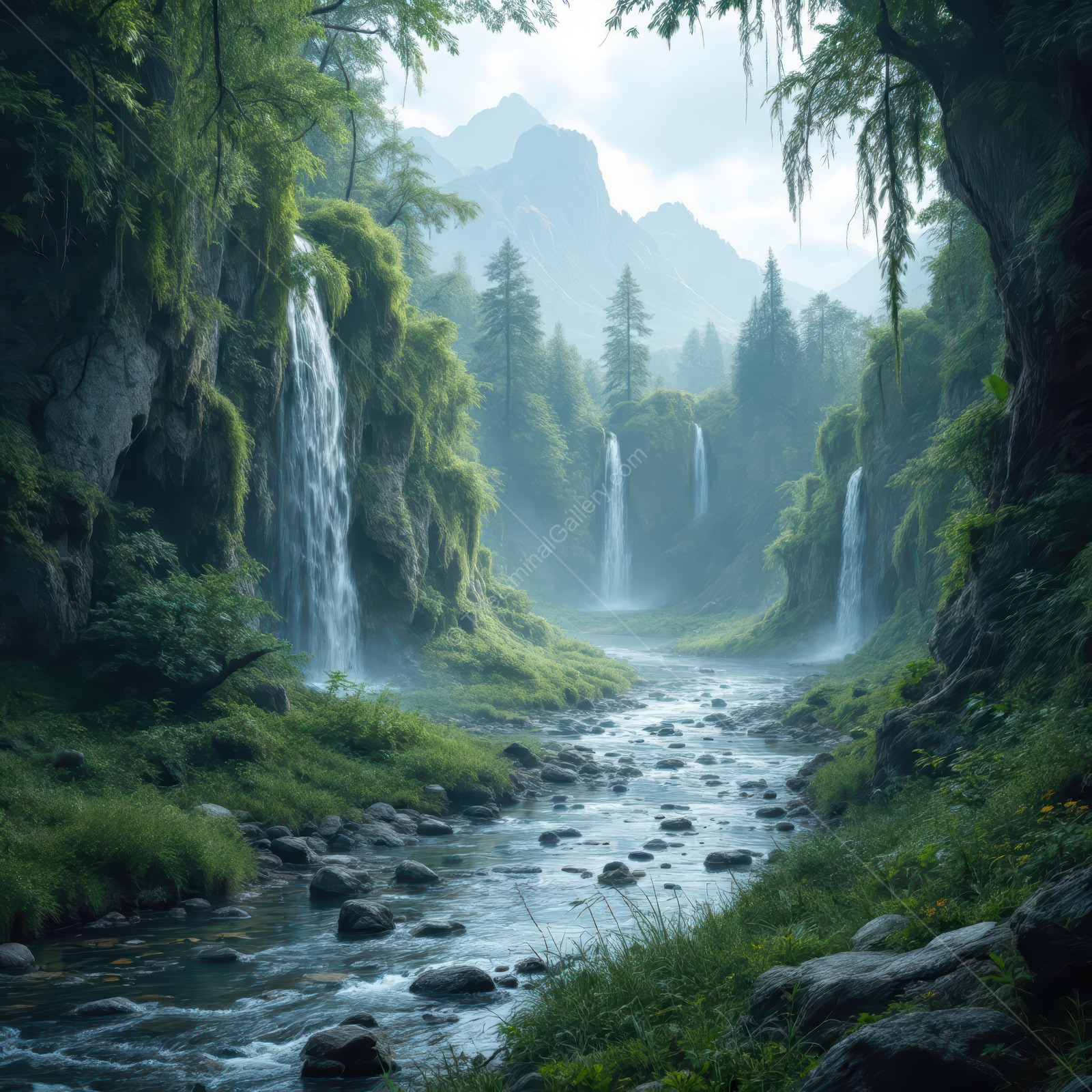 Exploring a mystical valley with cascading waterfalls and lush greenery in the early morning light