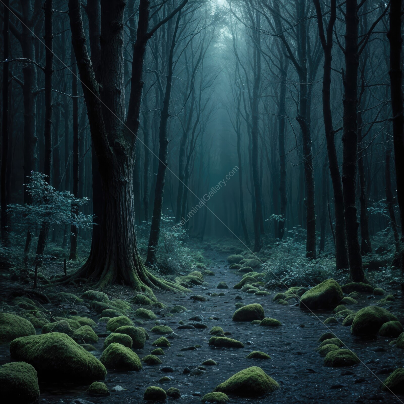 Whispers of the enchanted forest under a moonlit sky with mist and moss-covered stones