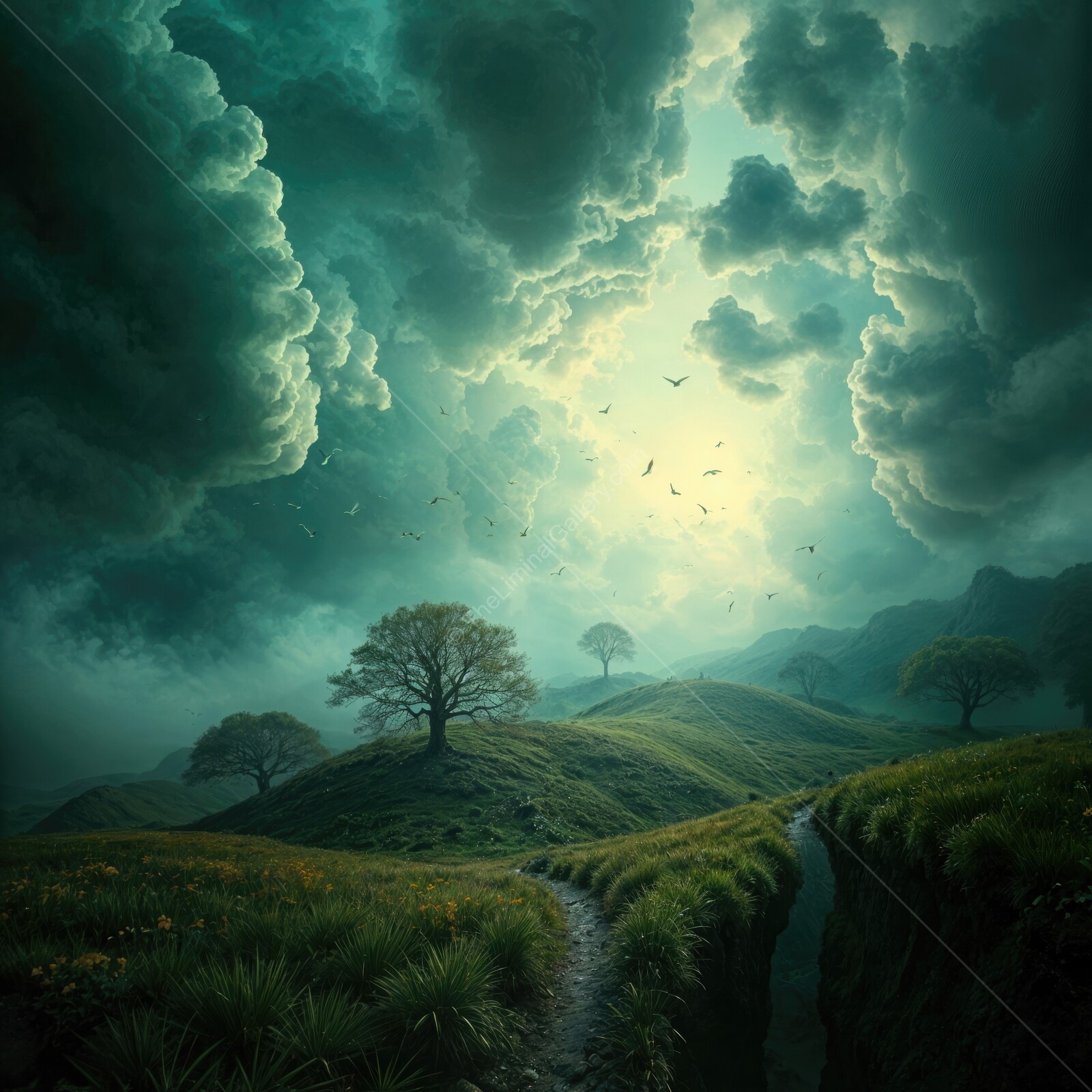 Whispers of a mystical landscape under dramatic clouds at dawn