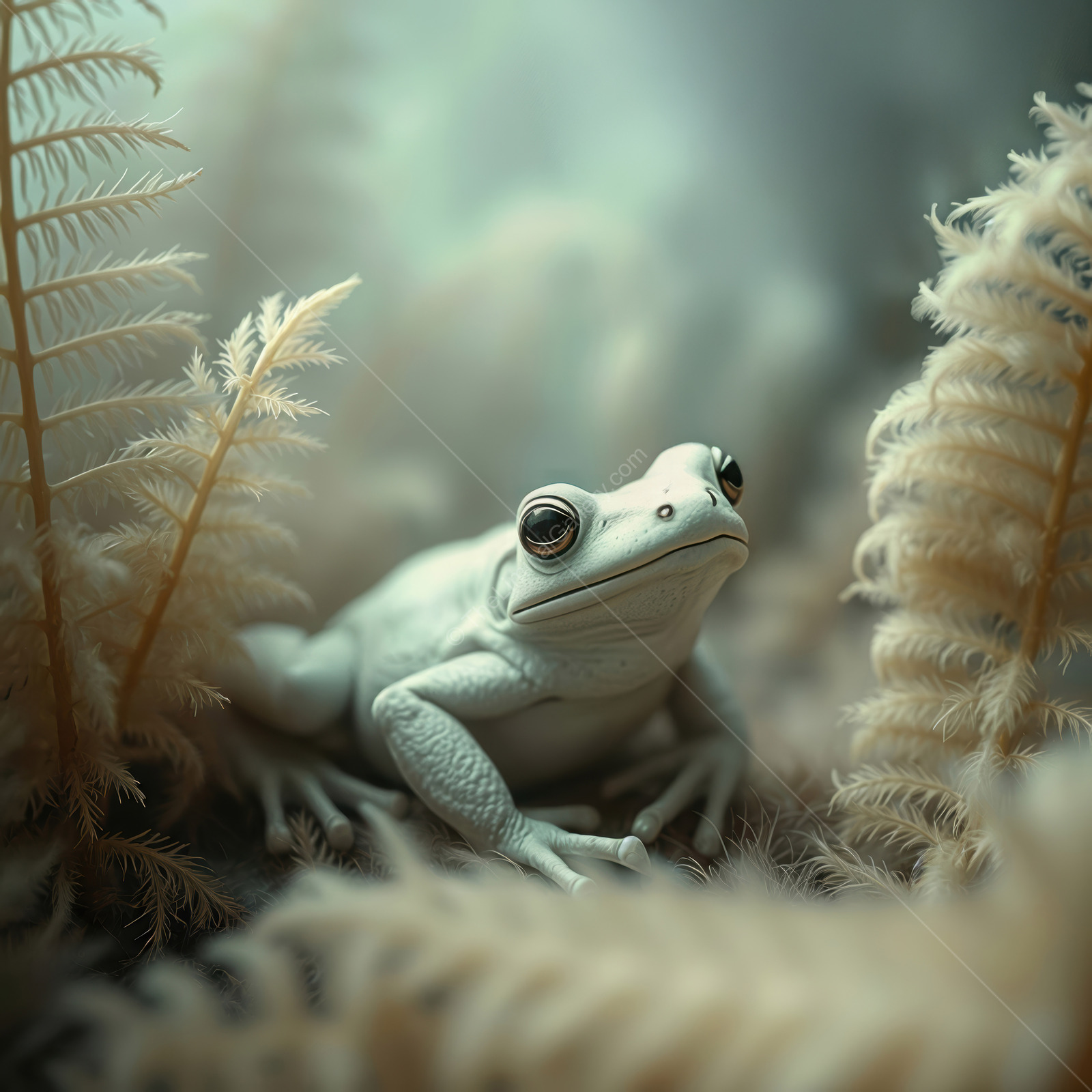 Enigmatic white frog resting among delicate ferns in a surreal liminal space