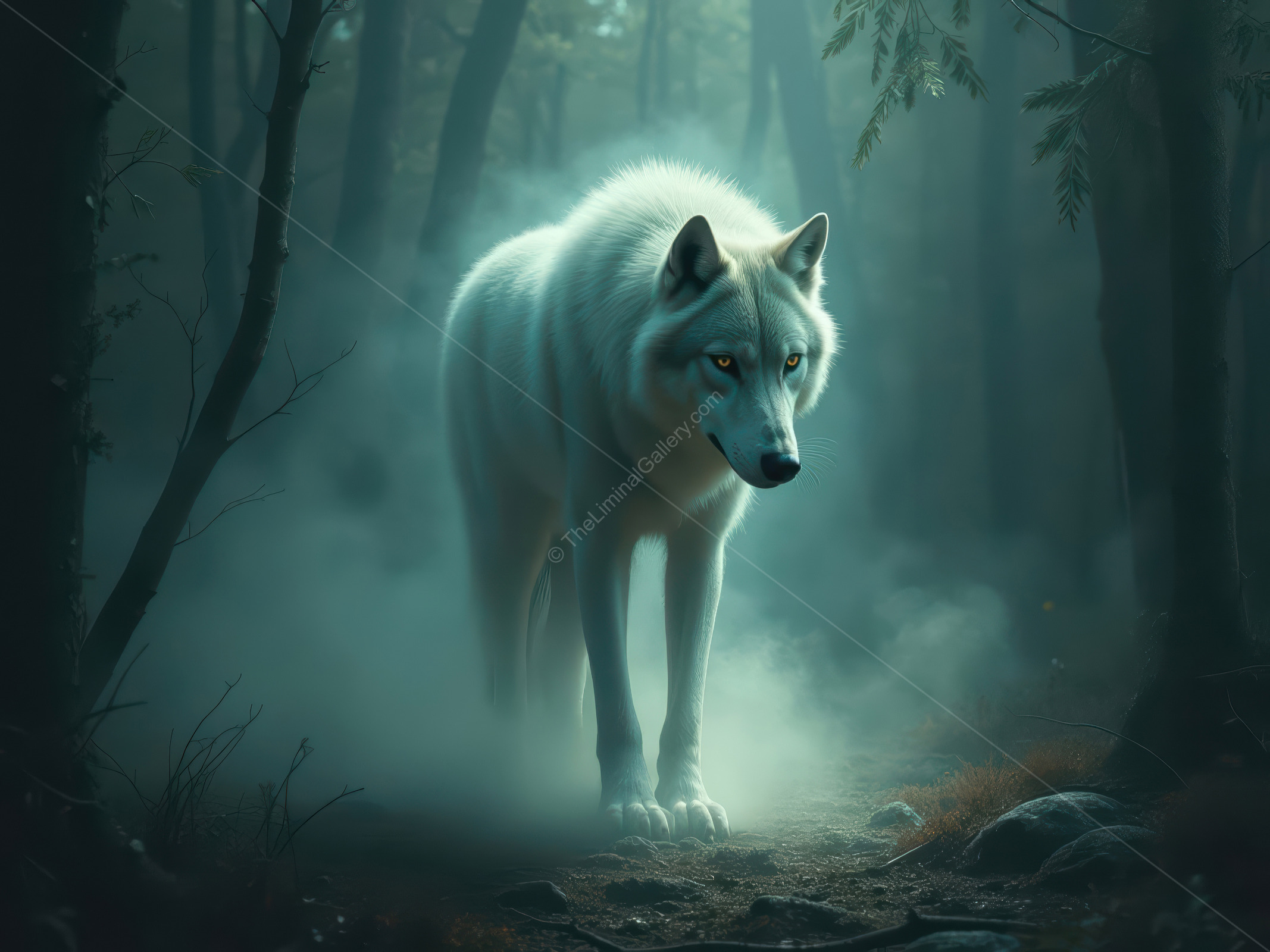Mystical white wolf traverses a foggy forest at twilight, embodying the essence of otherworldly liminality