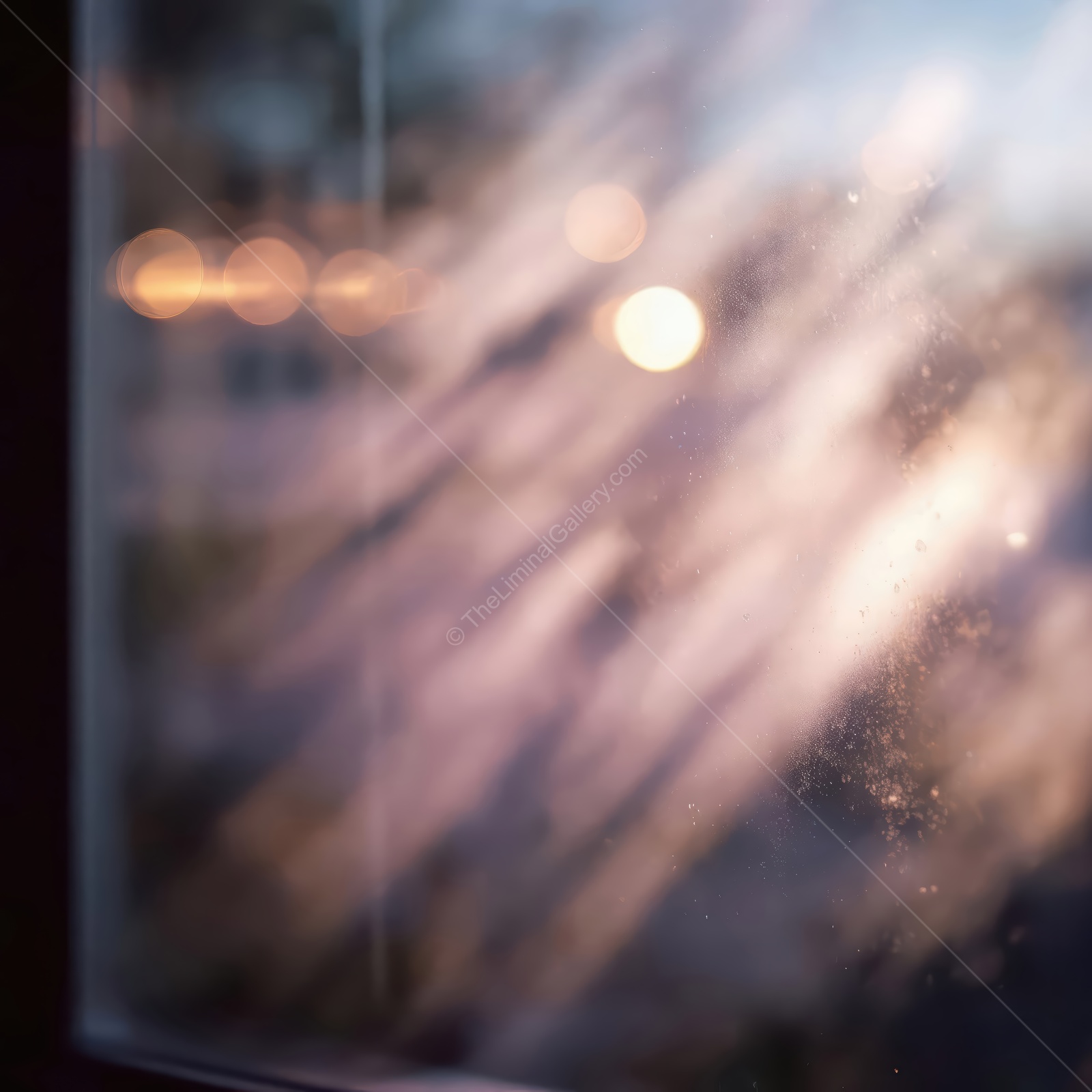 Sunset reflections through a misty window with warm bokeh lights creating a dreamy atmosphere