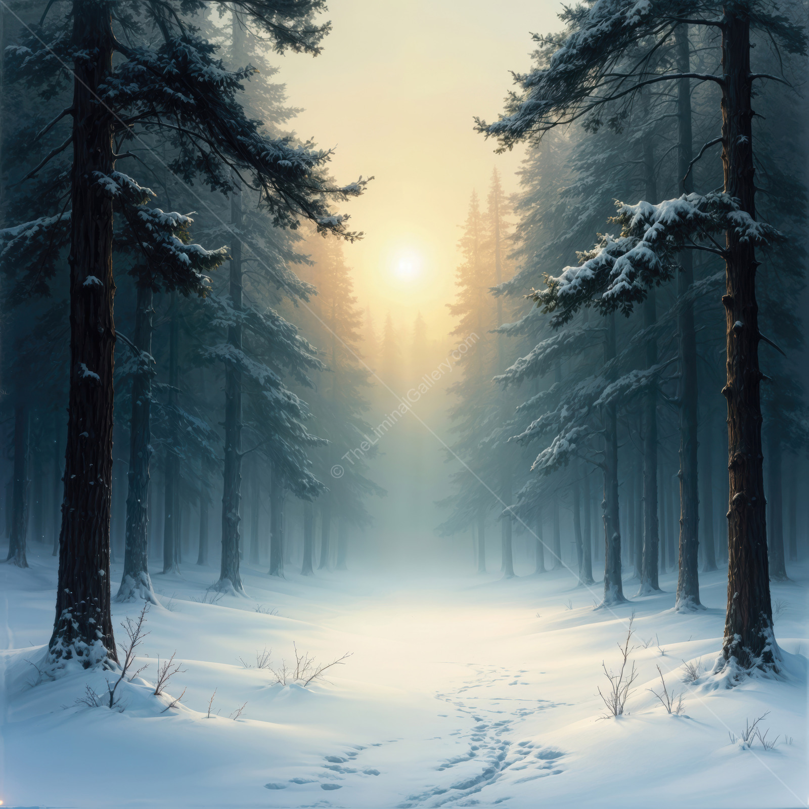 Tranquil winter forest bathed in soft golden light at dawn revealing a serene, liminal nature