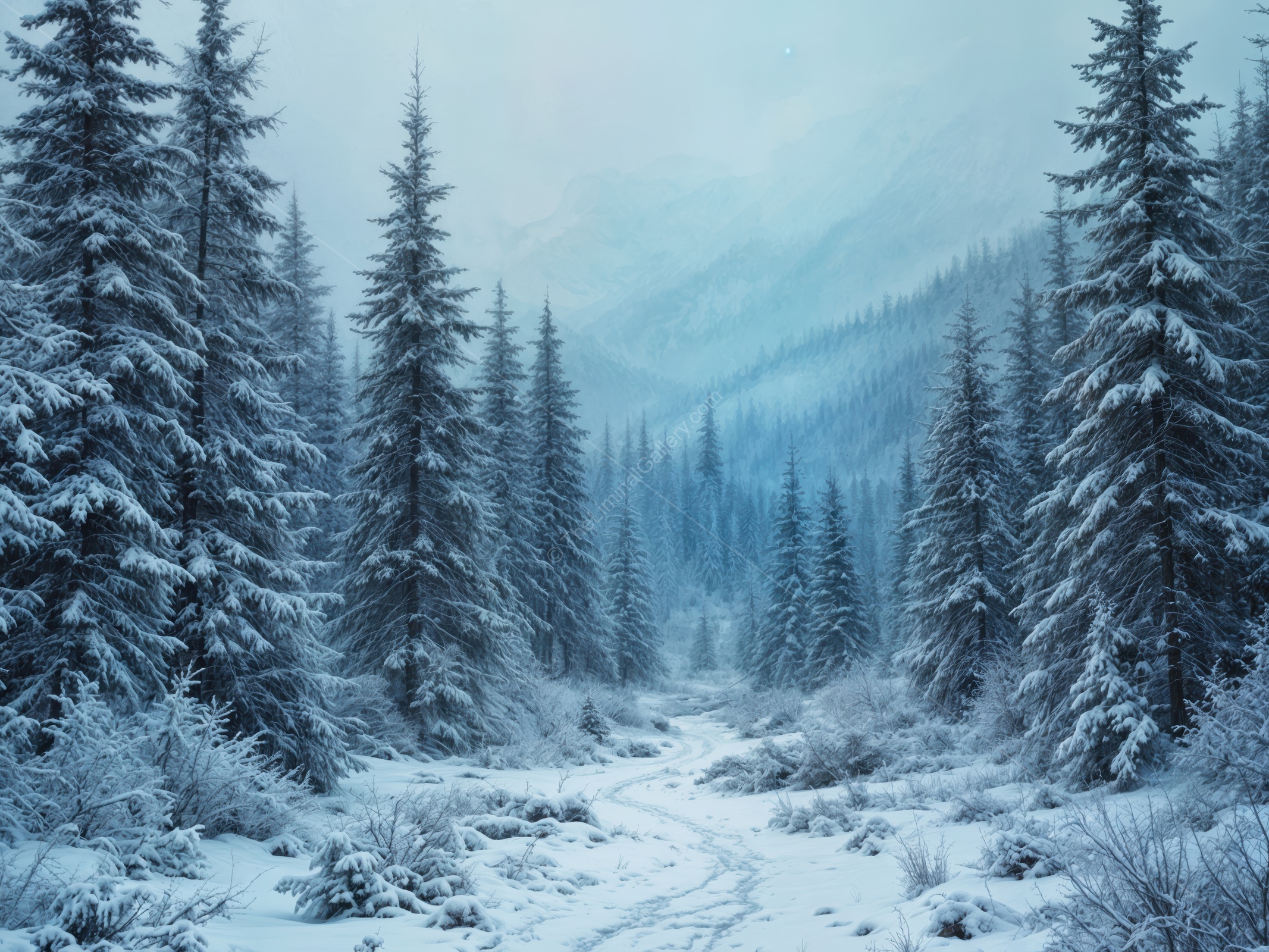 Mist-laden wilderness evokes a dreamlike journey through a snowy forest at dawn