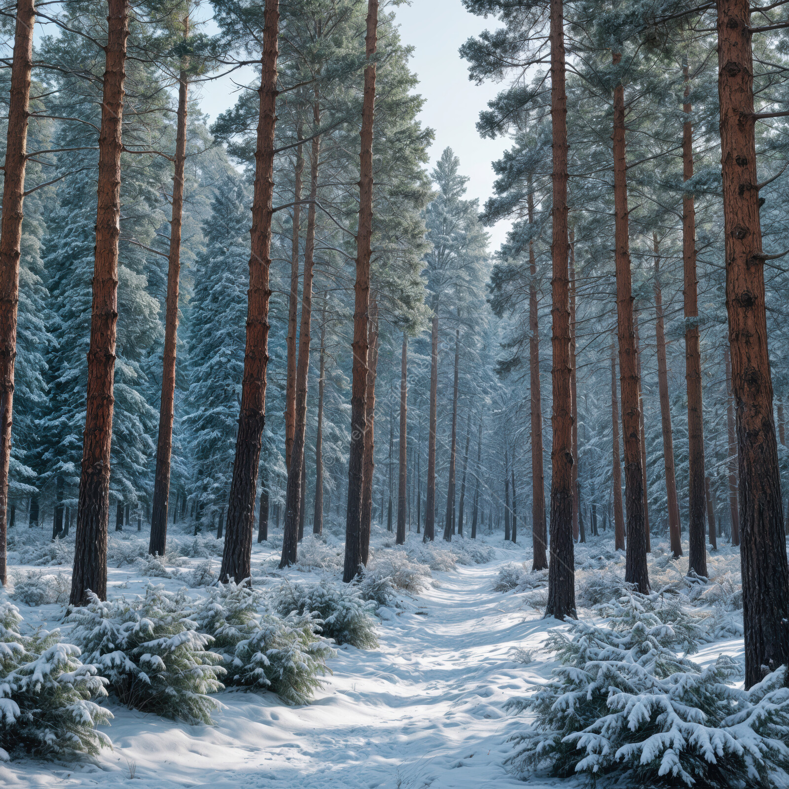 Winter wonderland in the forest where snow blankets the ground and tall trees create an enchanting atmosphere