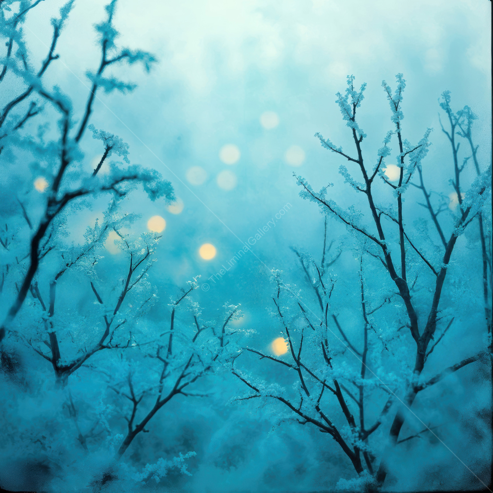 Mysterious winter twilight envelops branches adorned with frost and soft glowing lights