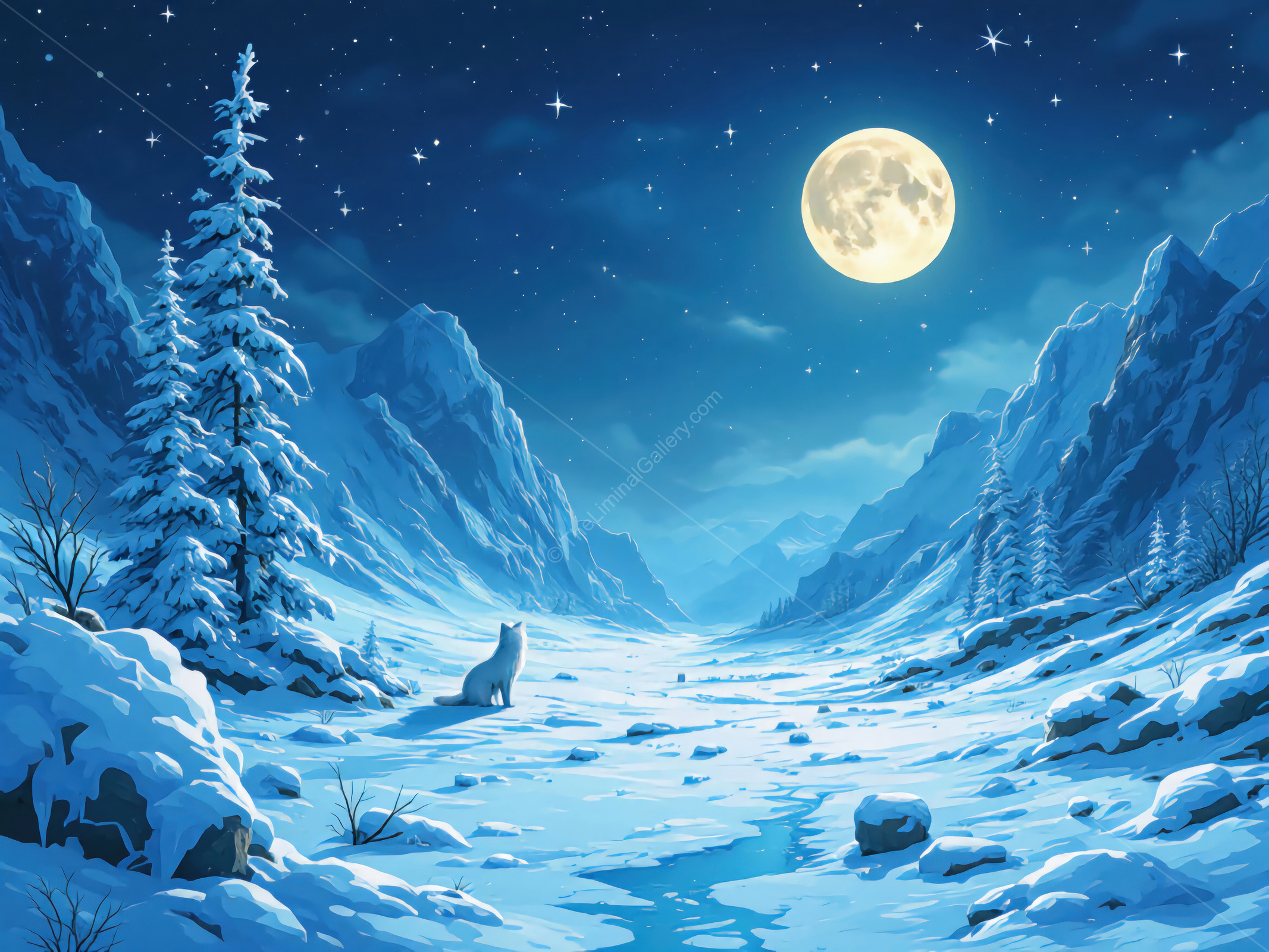 Moonlit winter valley captivates with serene beauty and liminal whispers of nature at twilight