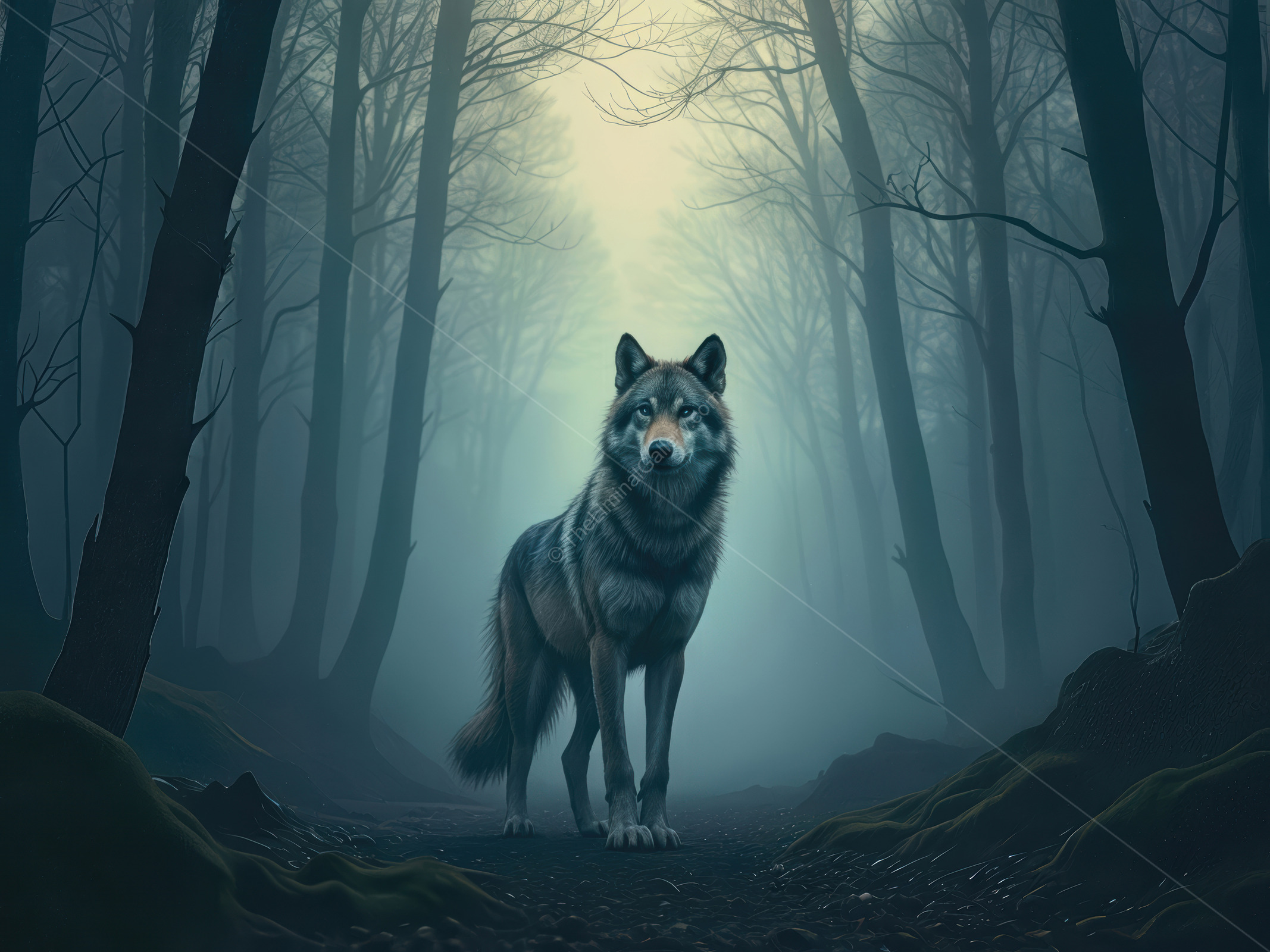 Mystical wolf stands alone in a foggy forest enveloped in liminal tranquility at dawn