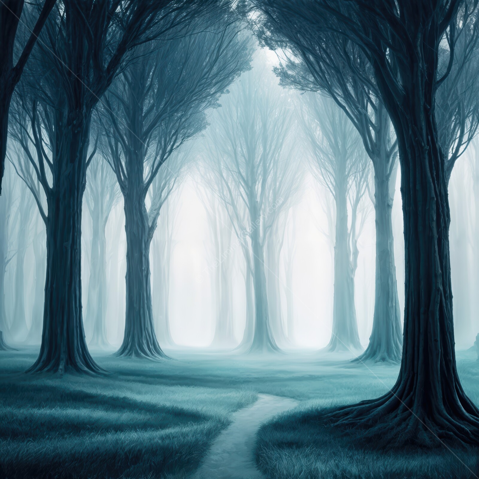 Misty woodland pathway invites exploration and tranquility among towering trees