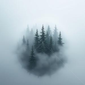 Mysterious forest island emerges from thick fog in enchanting liminal space