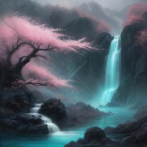Serene liminal waterfall cascading amid cherry blossoms and misty mountains at dawn