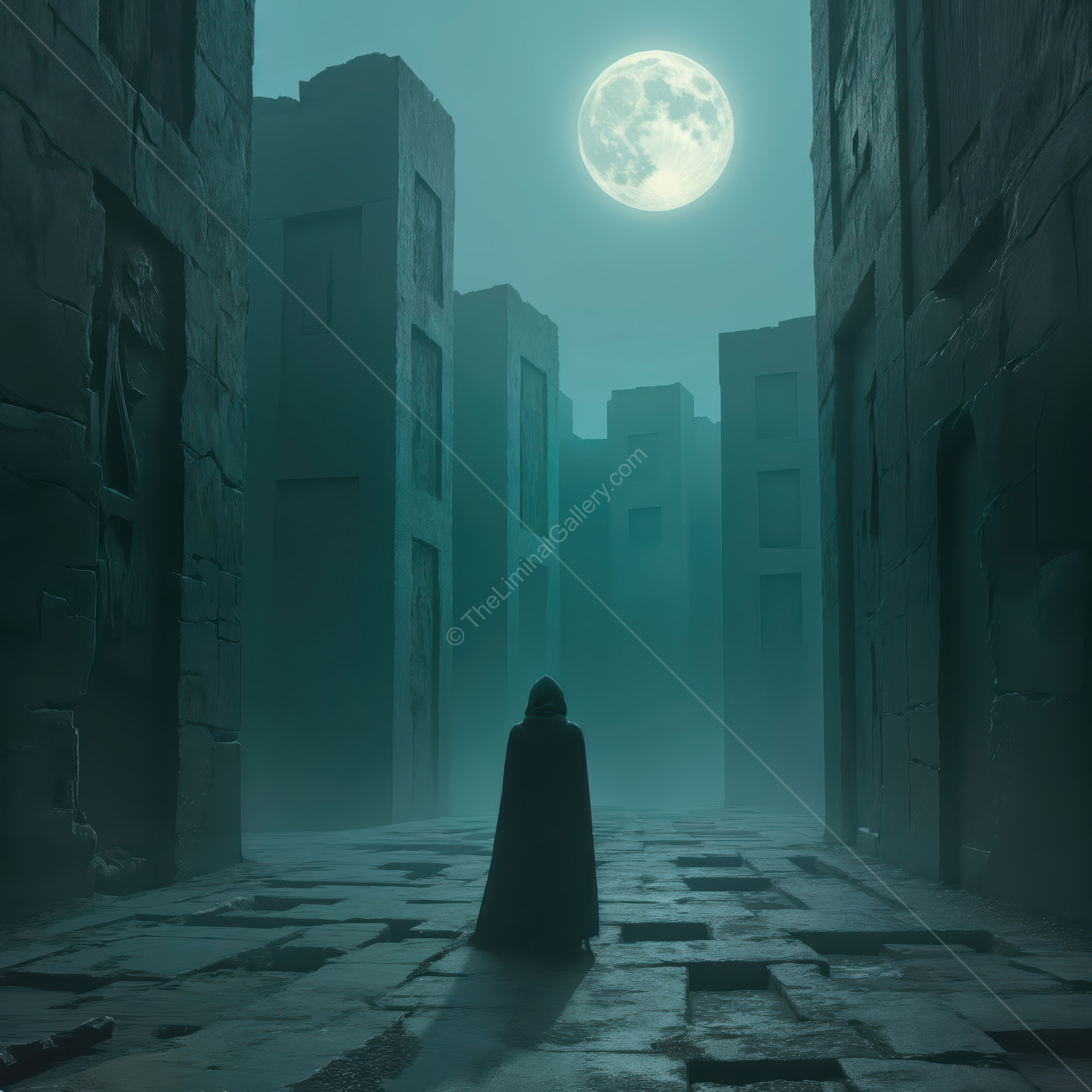 Woman stands in an abandoned stone city under a bright full moon, fog gauzing the empty streets