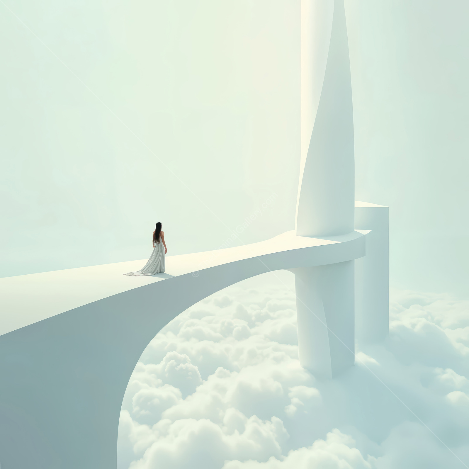 Woman stands on an airy bridge among clouds as pale structures arch upward into bright mist