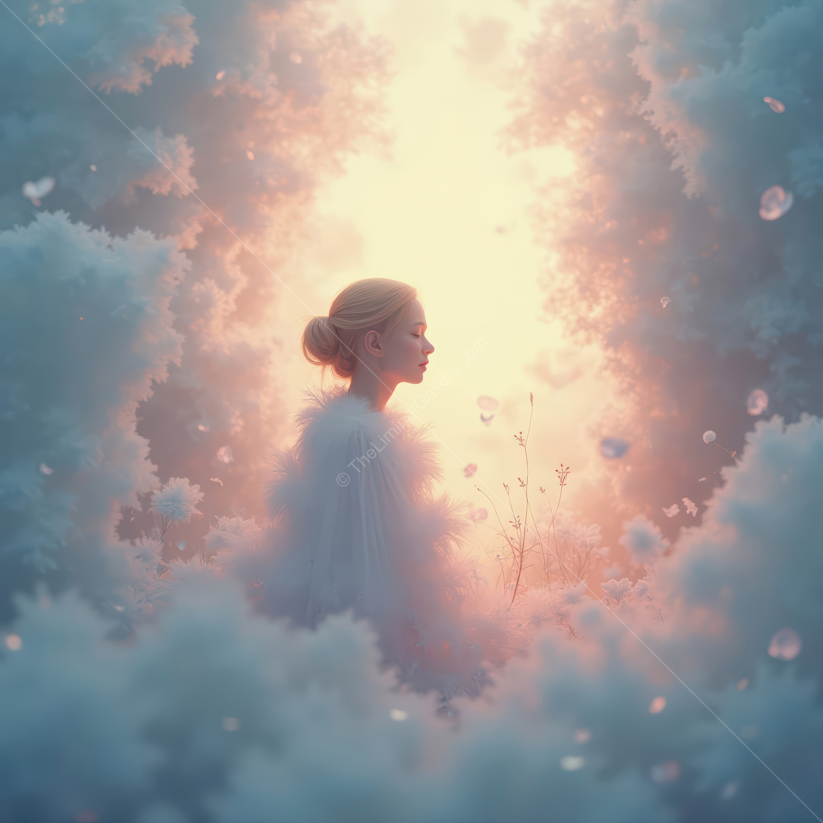 Woman stands among soft clouds, profile warmed by amber light as fine sparkles drift and fabric blurs into the haze at dusk