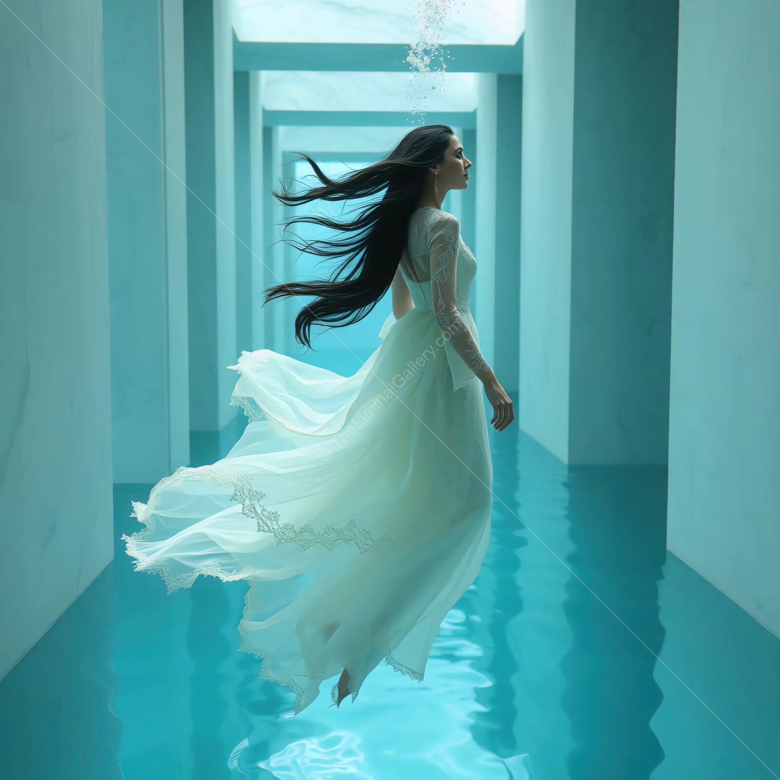 Enchanting underwater ballet of a woman in a flowing white dress within a serene aqua space