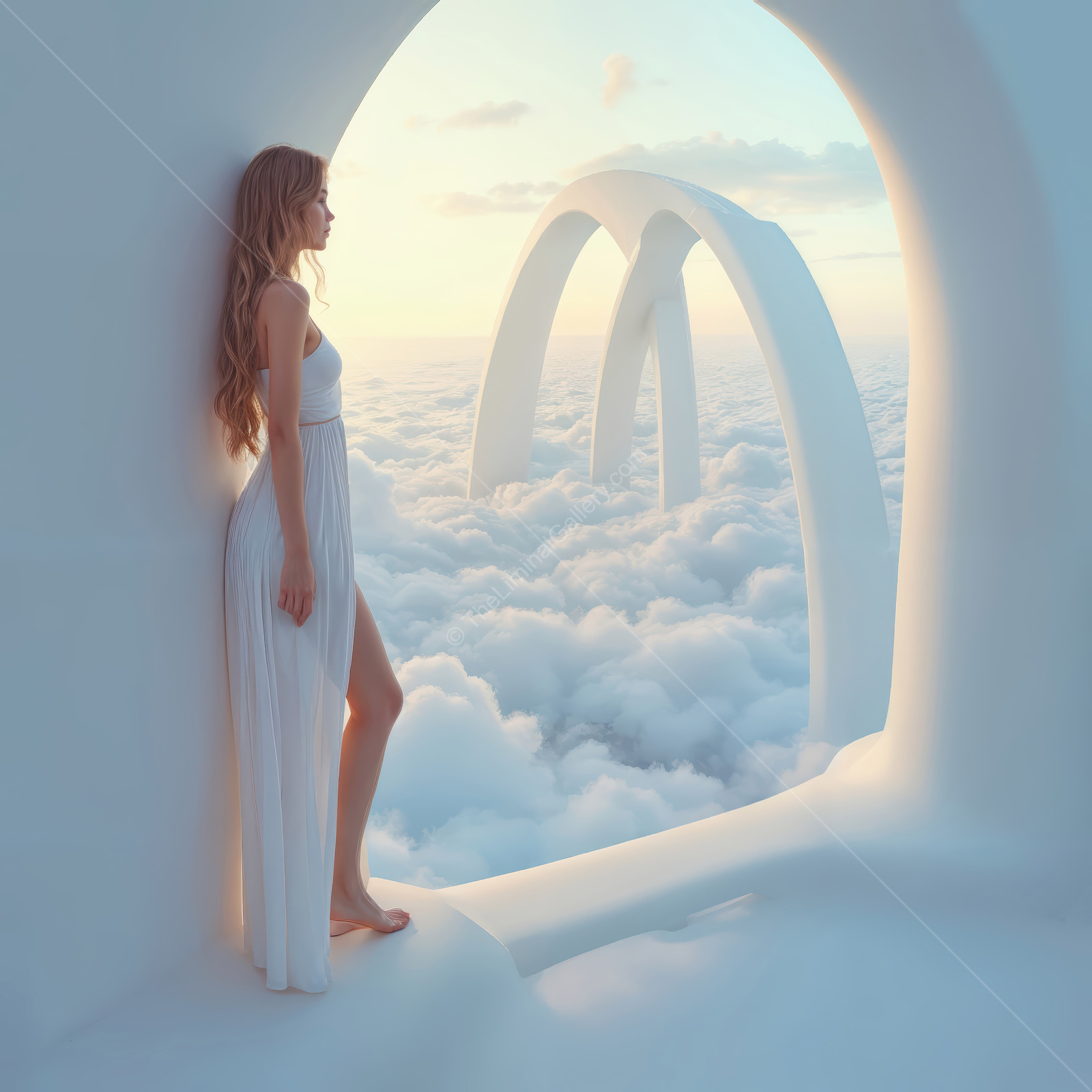 Woman at an open arch looks over cloud layers at twilight, sweeping white arches lifting into the sky