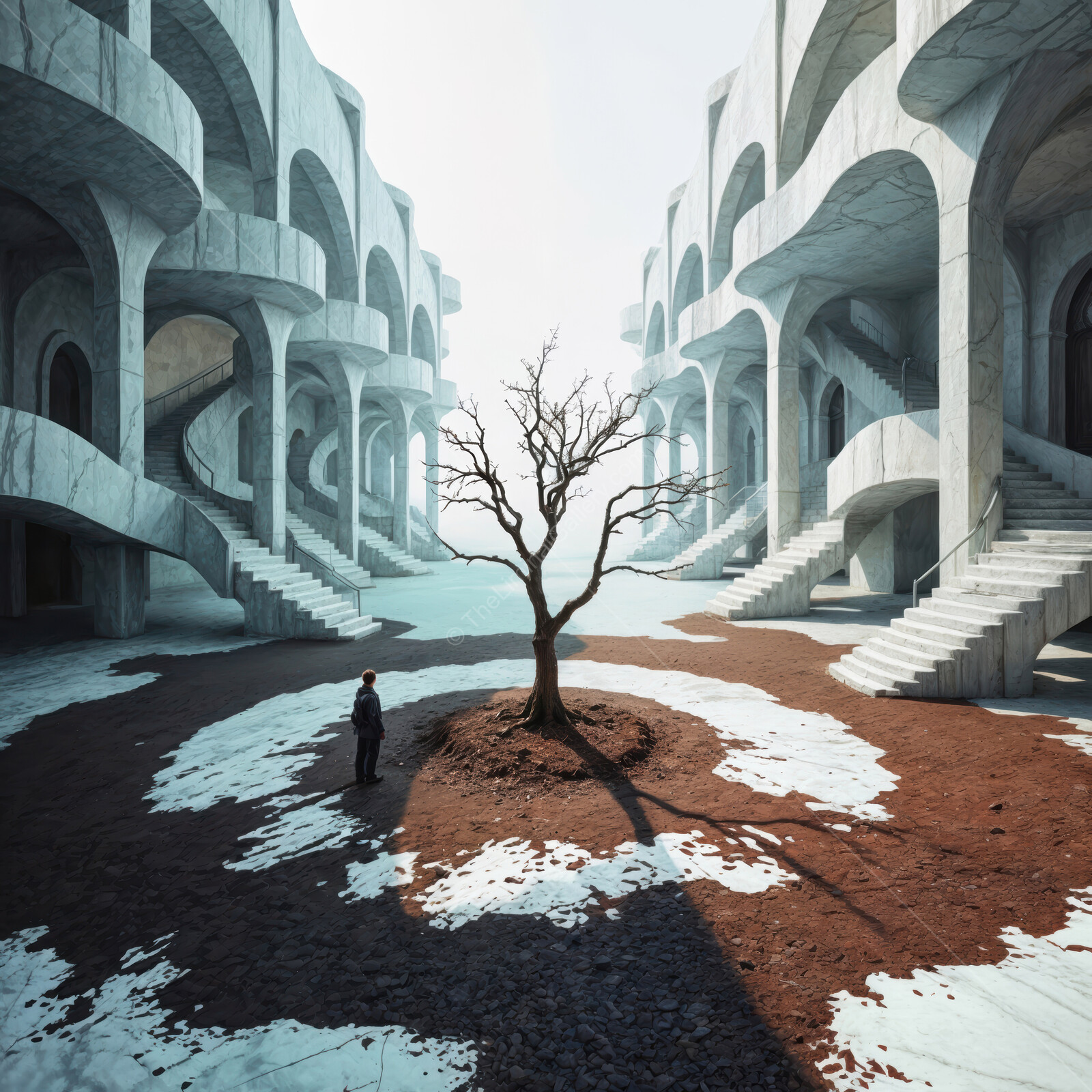 Unique liminal architectural landscape featuring a solitary tree and a figure in a surreal, modern environment