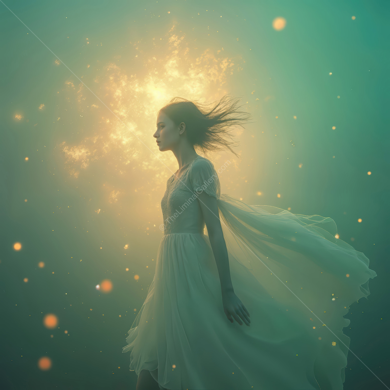 Woman with flowing hair in a wispy gown stands ankle-deep in reflective water, surrounded by luminous particles and bands of color that glow around her