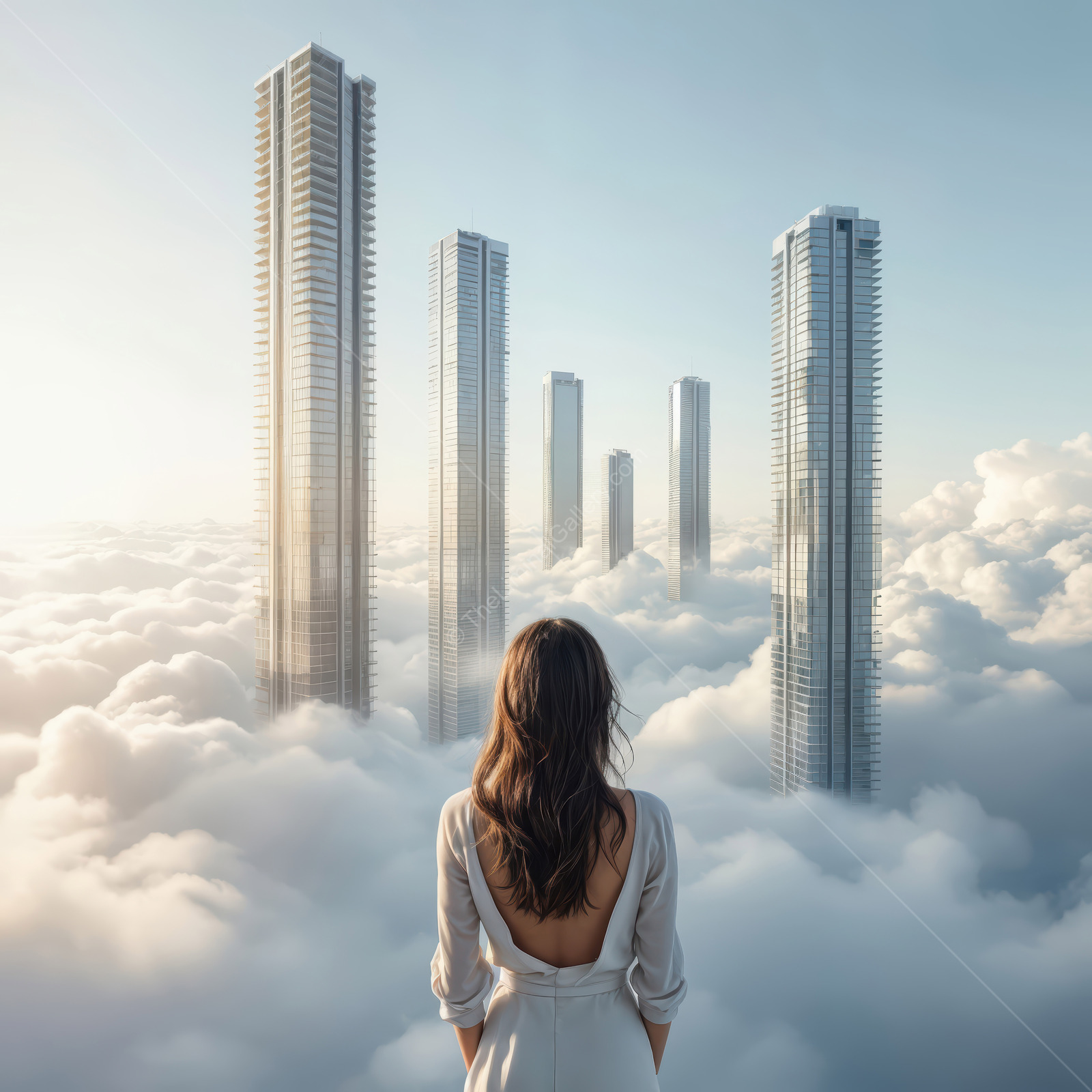 Woman in a backless gown faces sleek towers emerging from clouds at dawn, warm light along her shoulders