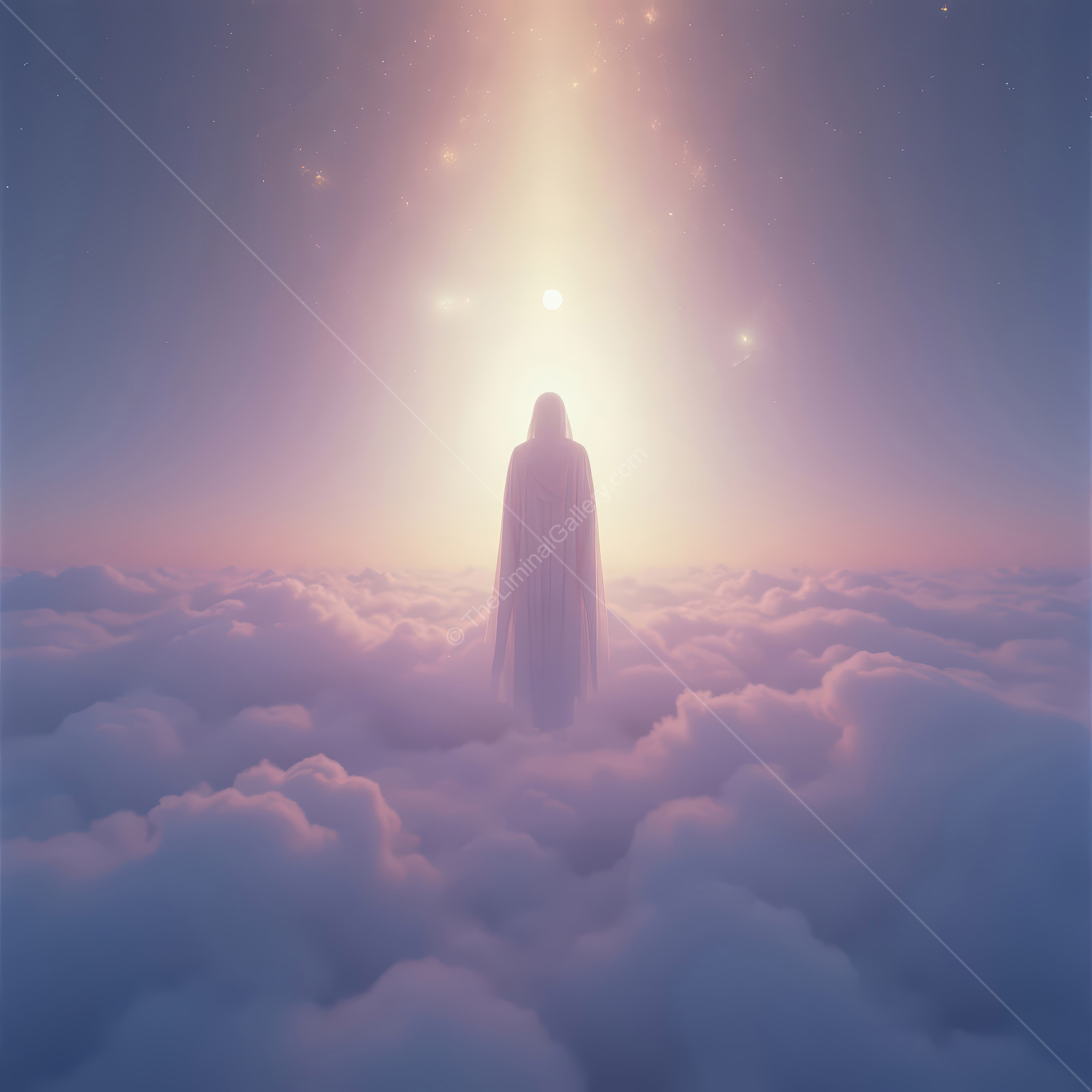 Woman rises above a cloud blanket, warm backlight outlining her form against violet and pink sky