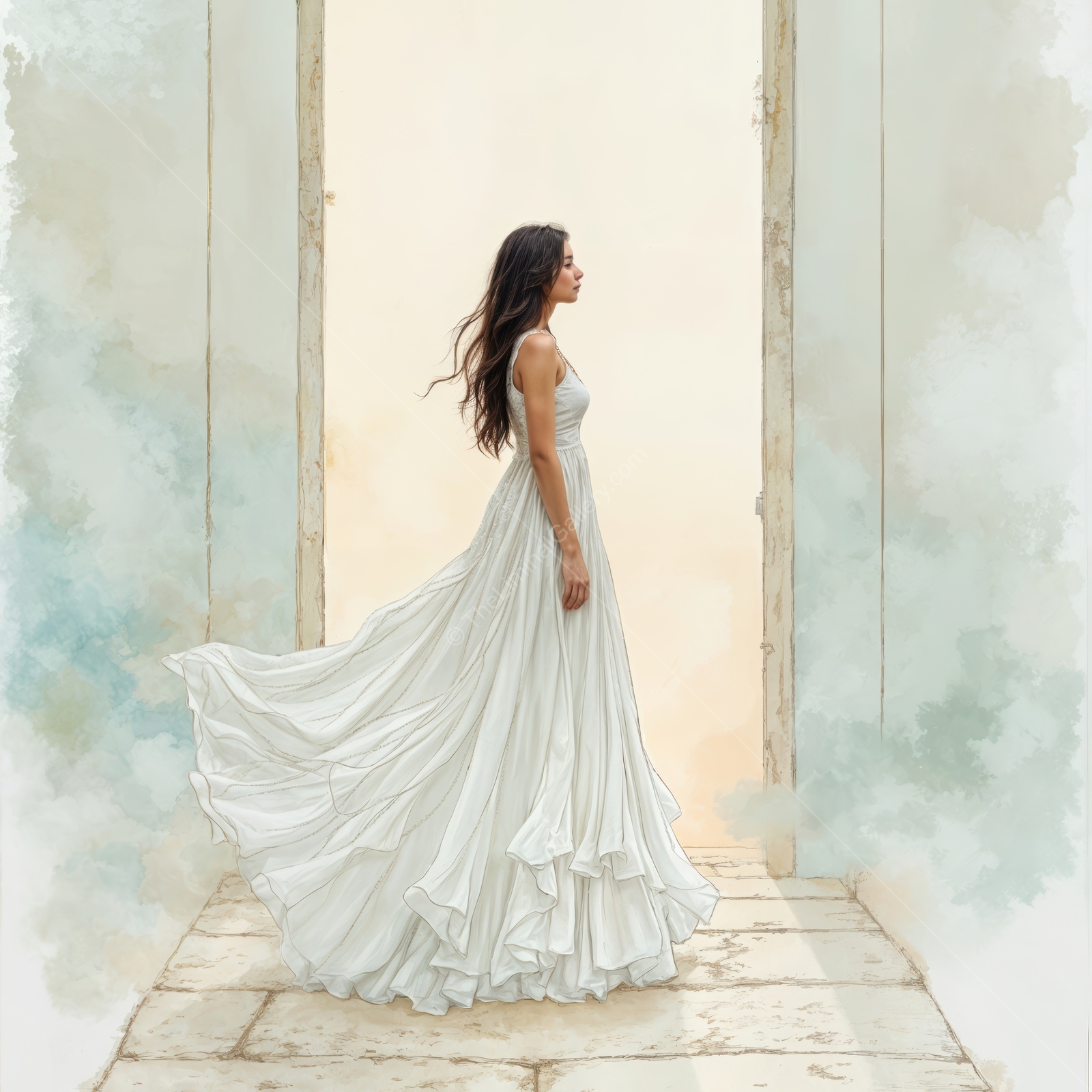 Woman in a flowing white dress steps through a backlit doorway at twilight, edges of the gown catching pale gold and blue