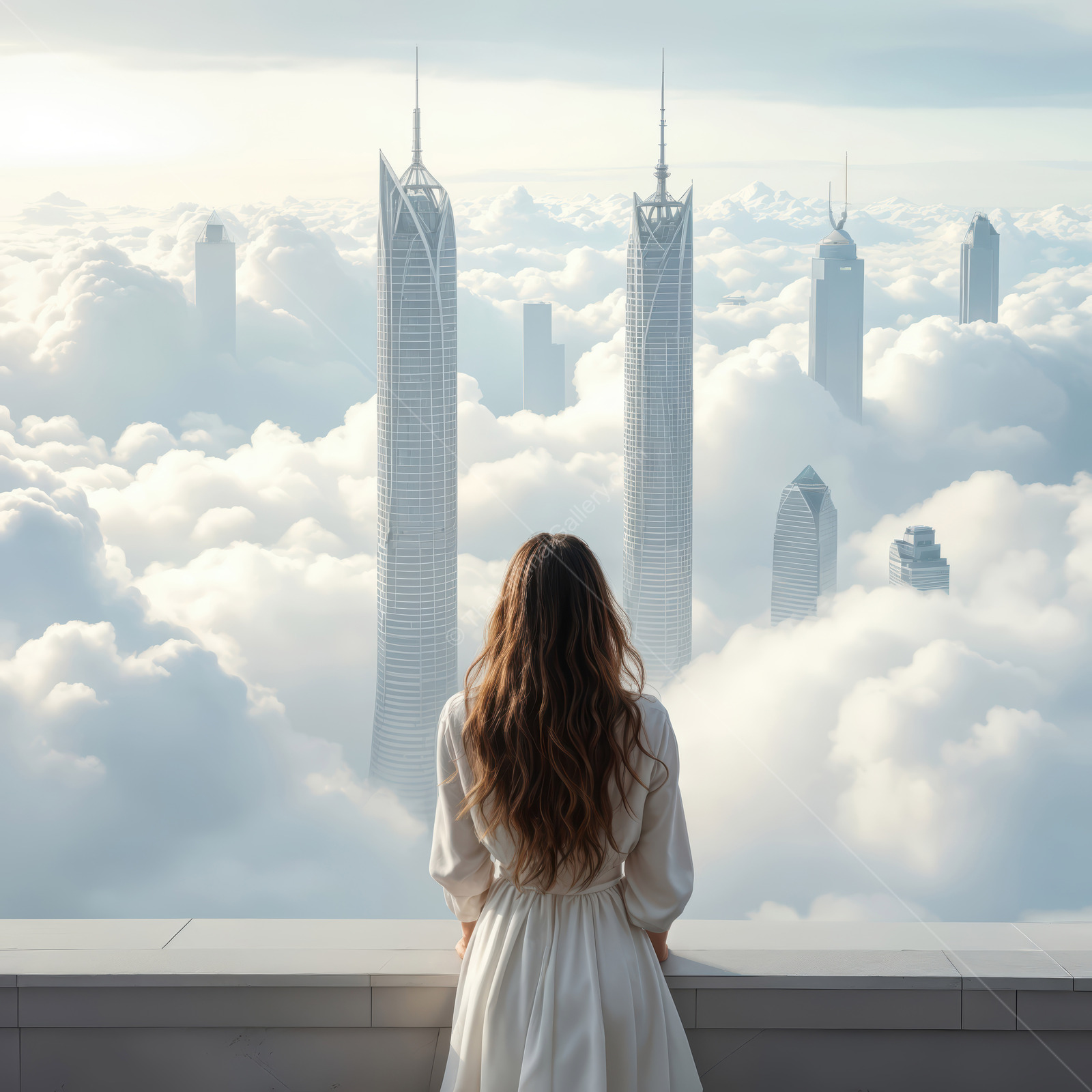 Woman on a high balcony looks at towers rising through cloud cover, dawn color edging their glass