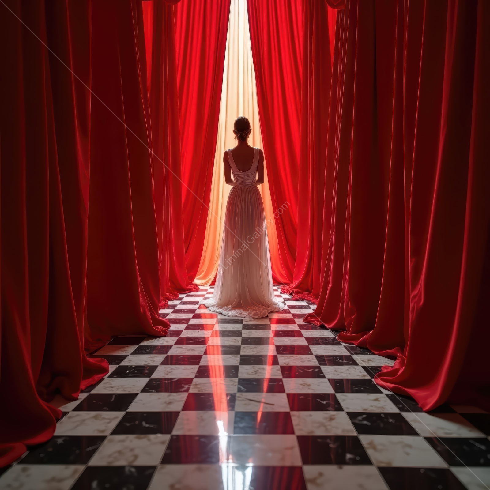 Woman in a white gown faces a beam filtering through red curtains, checkered tiles reflecting her stance