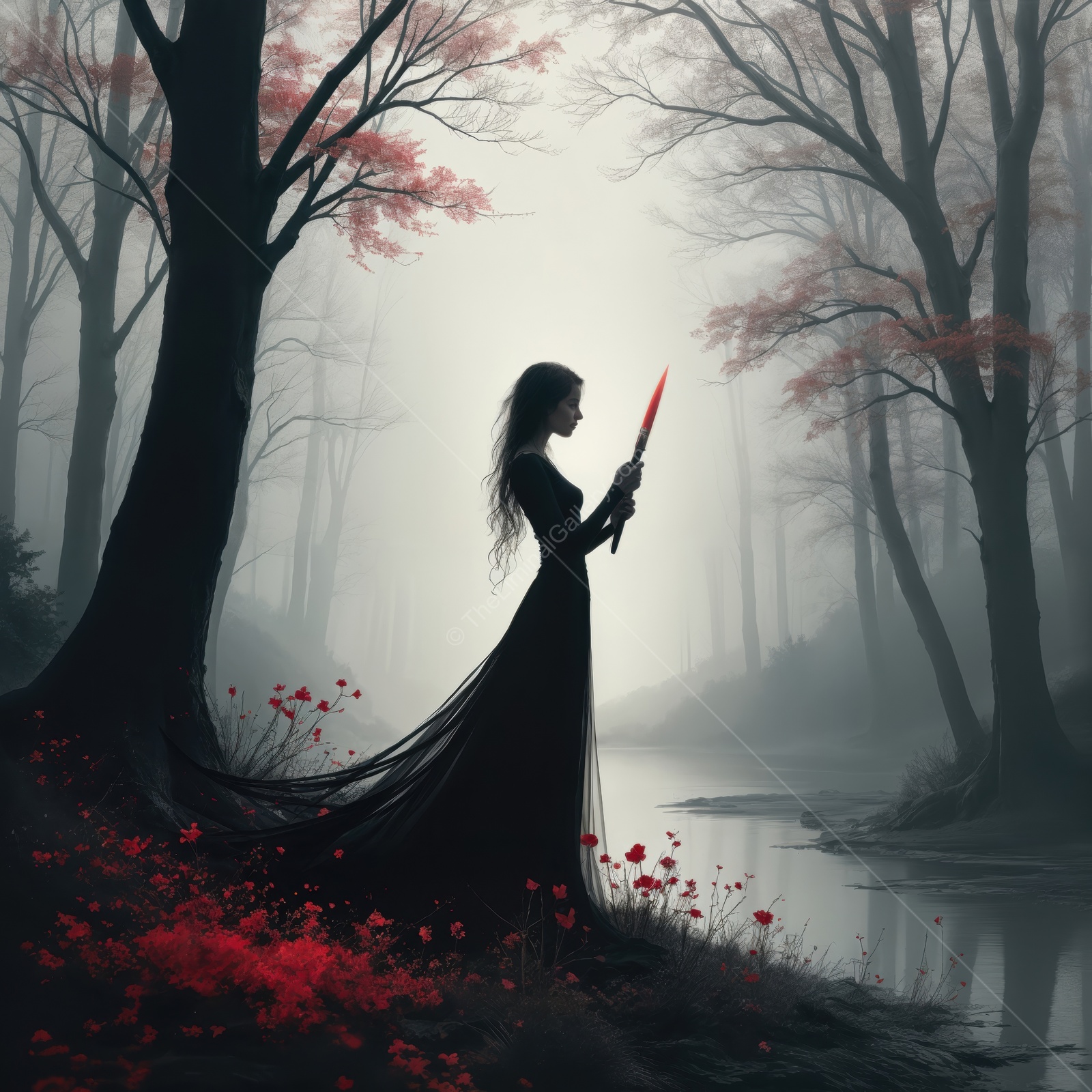 Woman in a black dress holds a sword beside a misted river, red blooms scattered across the ground