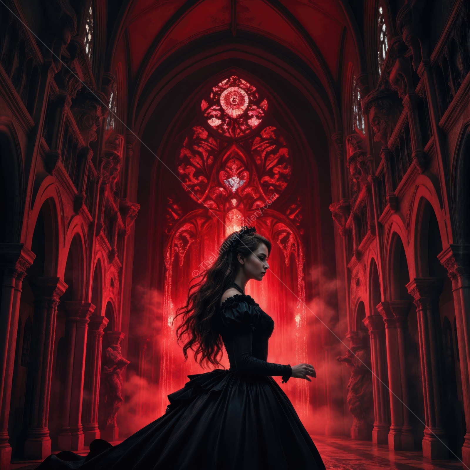 Woman in a black gown walks beneath vaulted arches and stained glass washed in red, low smoke curling at her feet inside a shadowed chapel