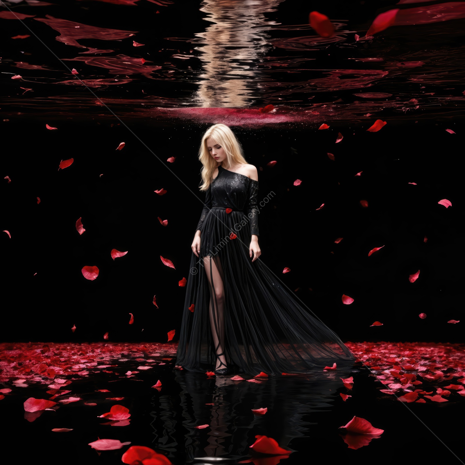 Woman in a black gown stands amid rose petals on reflective water, overhead light glazing the scene