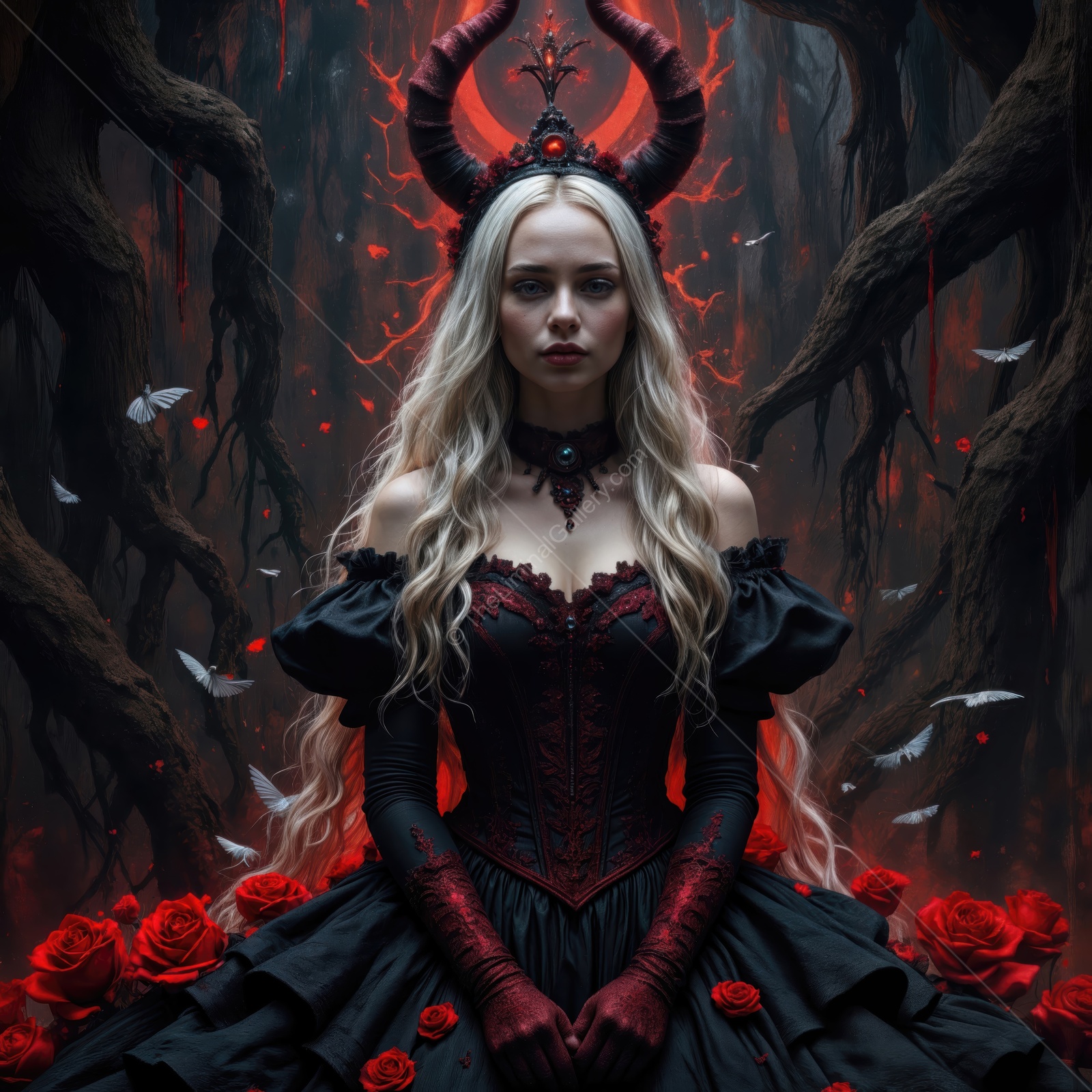 Woman in a black, detailed gown stands amid red roses in a twilight forest, dark accents and long hair set against faint glows