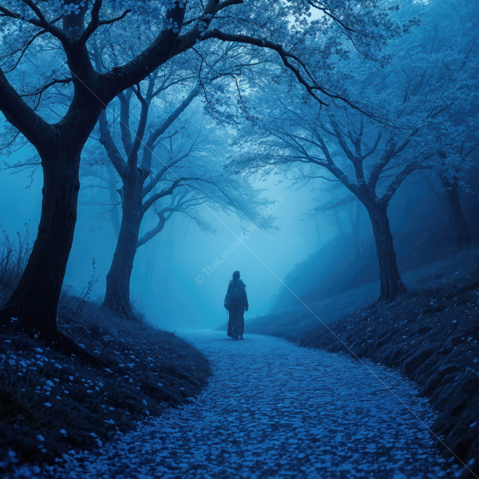 Woman walks a blossom-lined path in blue mist, scattered petals and side light leading her onward