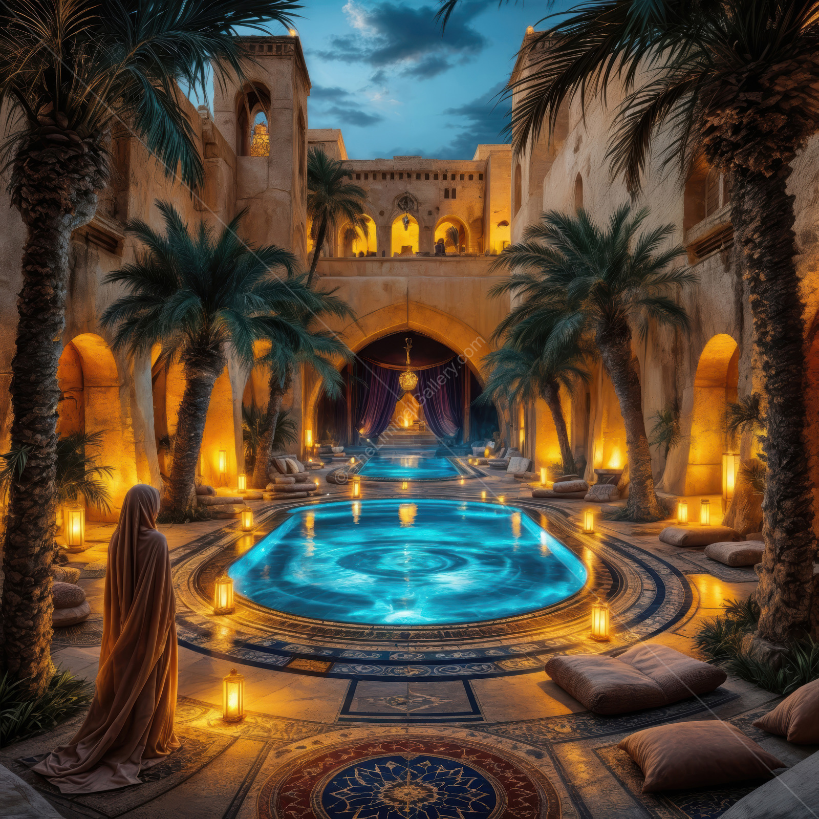 Lantern-lit courtyard at blue hour with palms and a calm pool, a woman lingering near the water�s edge