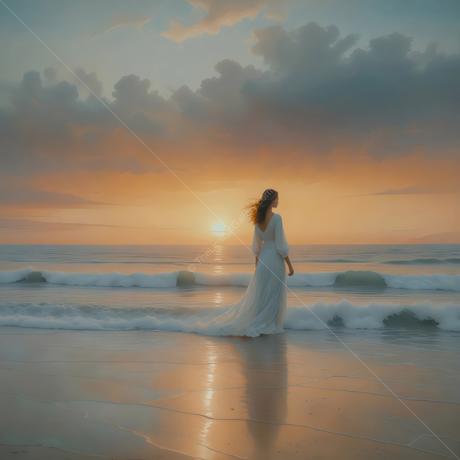Serenity unfolds as a woman embraces the sunset by the tranquil sea