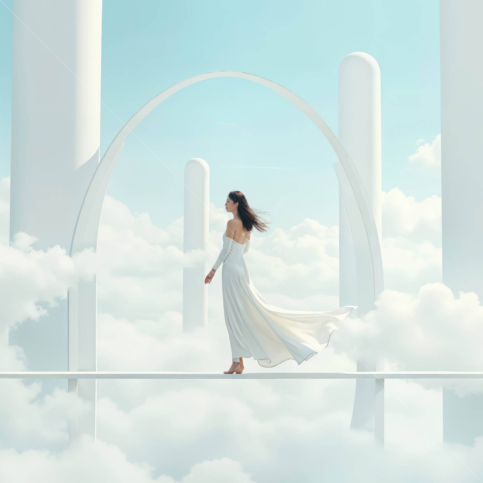 Woman in a white dress walks a narrow bridge above clouds toward pale columns under pastel sky