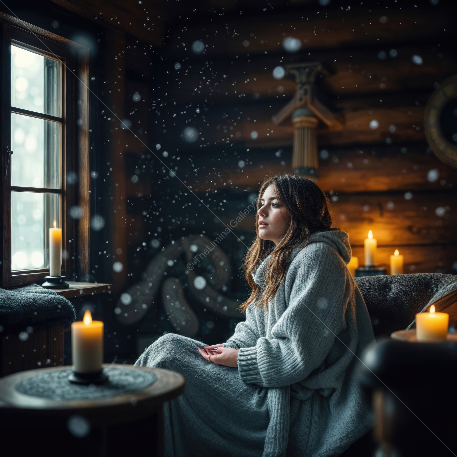 Woman wrapped in a gray blanket sits in a wooden cabin as snow falls outside and candles warm the room