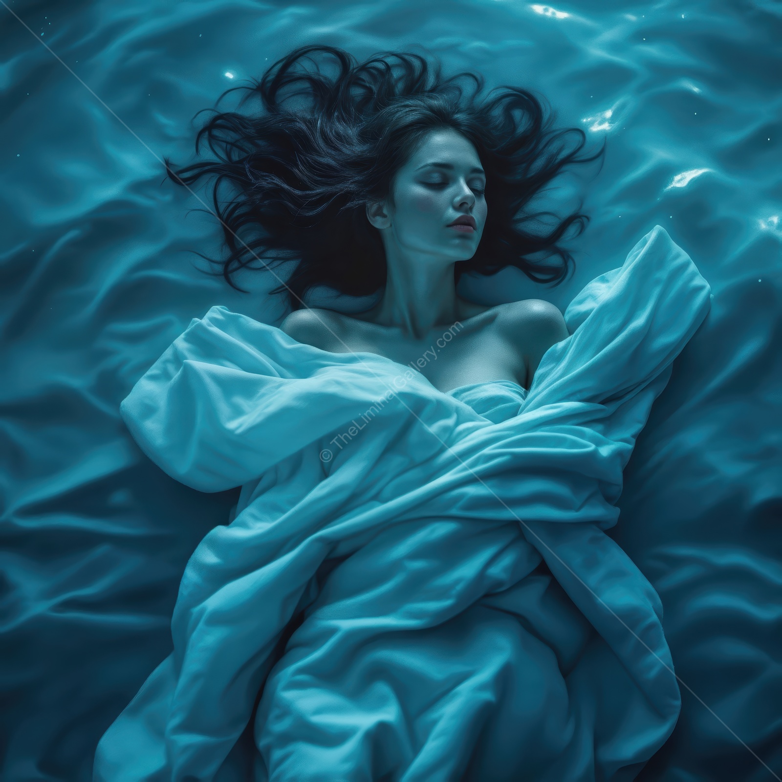 Woman rests on calm blue water wrapped in soft fabric, hair fanning as low light cools the scene