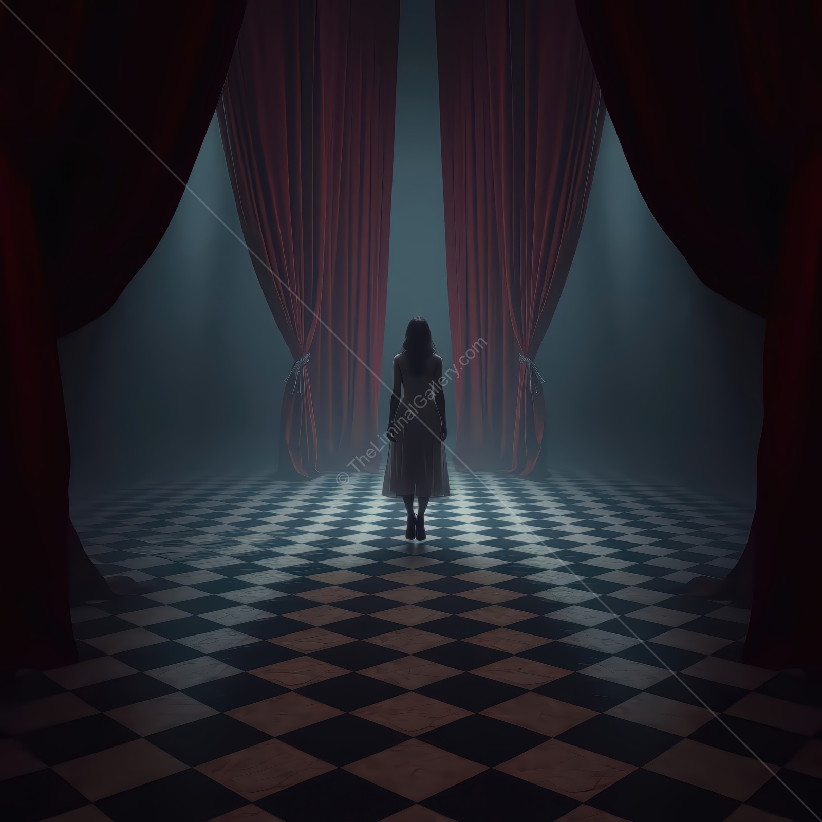 Woman in a white gown stands center stage between high red curtains, long shadows crossing a checkered floor
