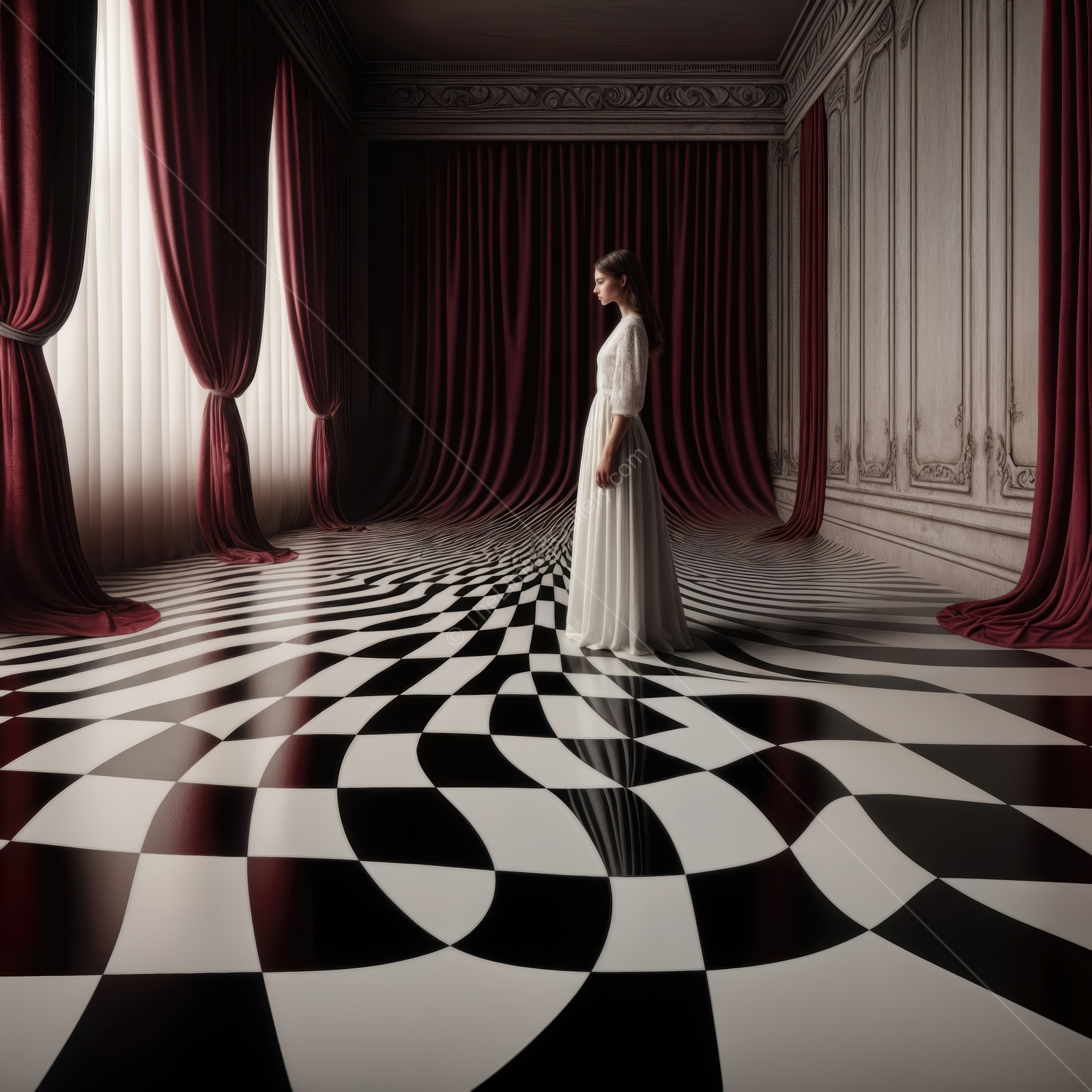 Elegant figure stands in a surreal black and white checkered room with flowing curtains