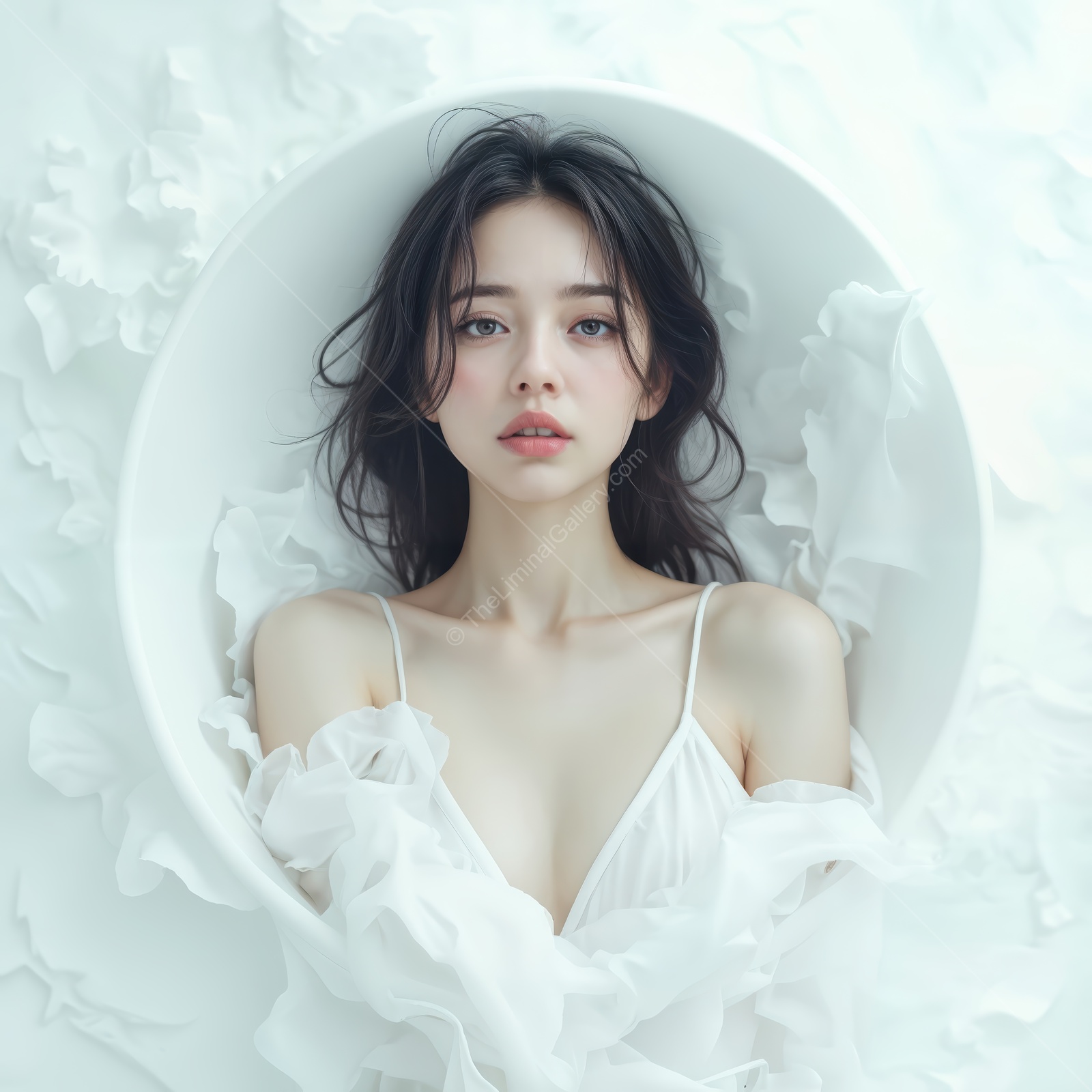 Woman reclines within a circular frame in white drapery, soft petals gathered around her hands