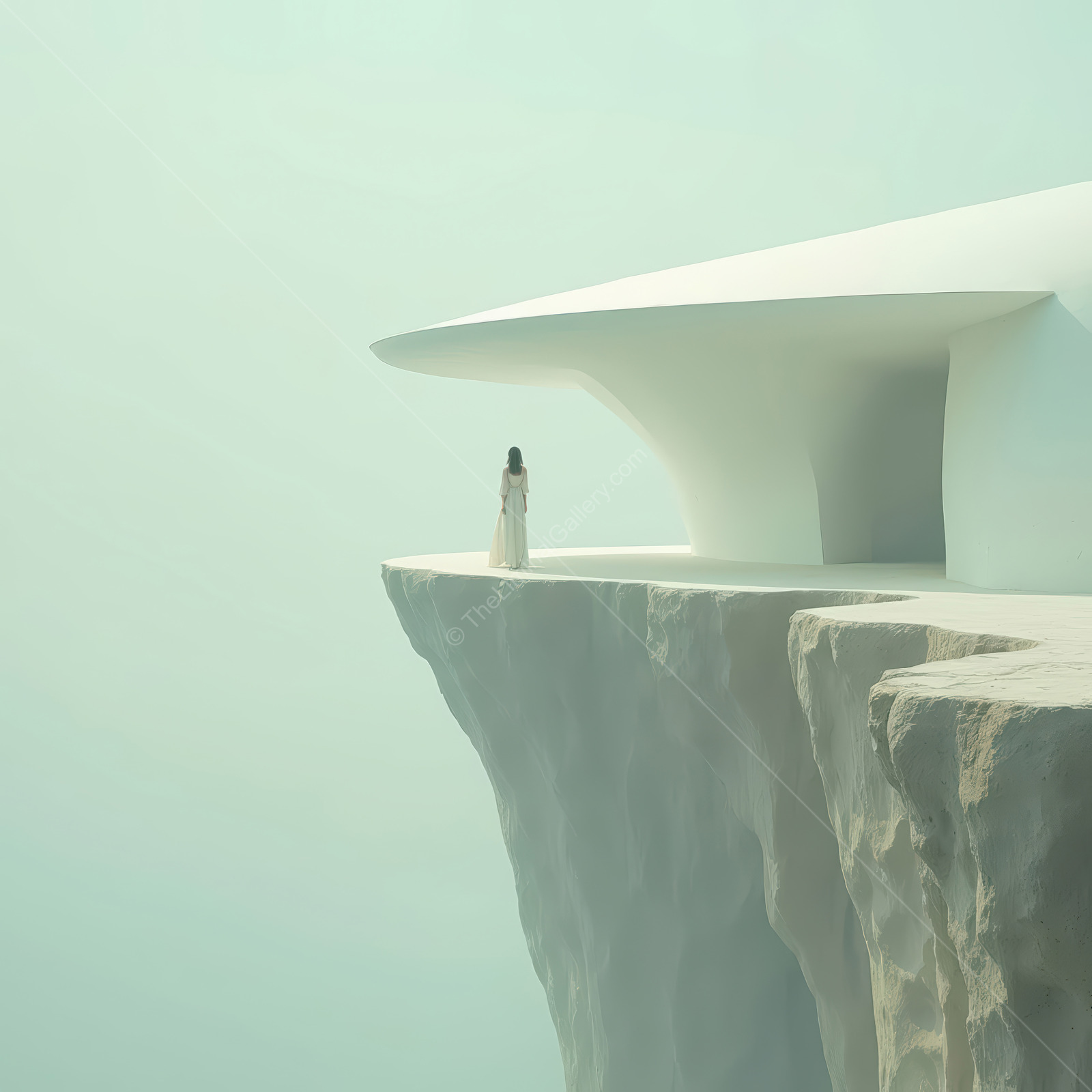 Woman in white dress gazing at vast landscape from a cliff with modern architecture at sunrise