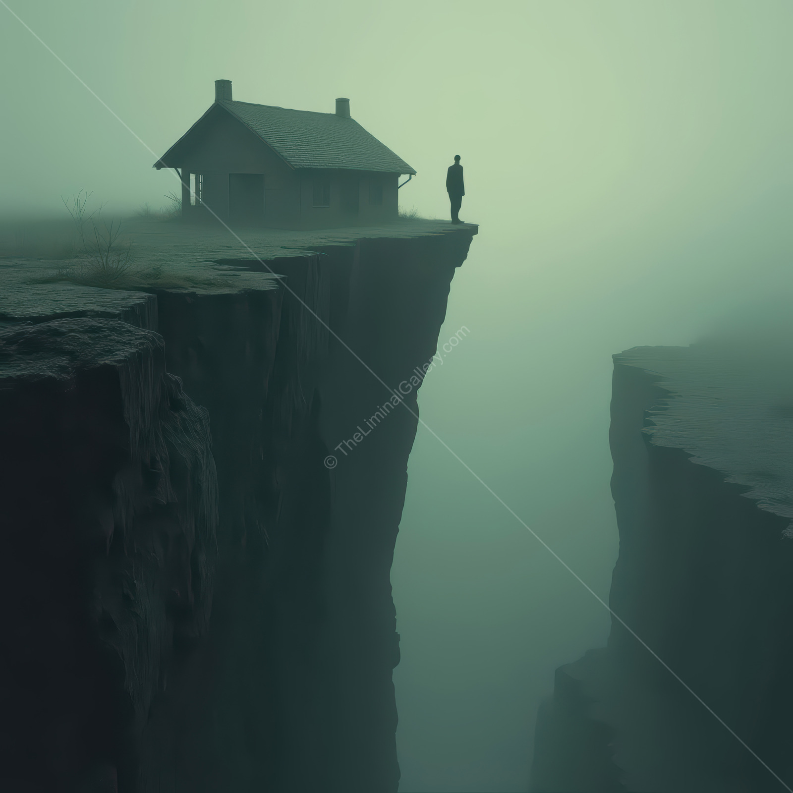 Mysterious figure stands on the edge of a cliff with a cabin under enveloping fog at dusk