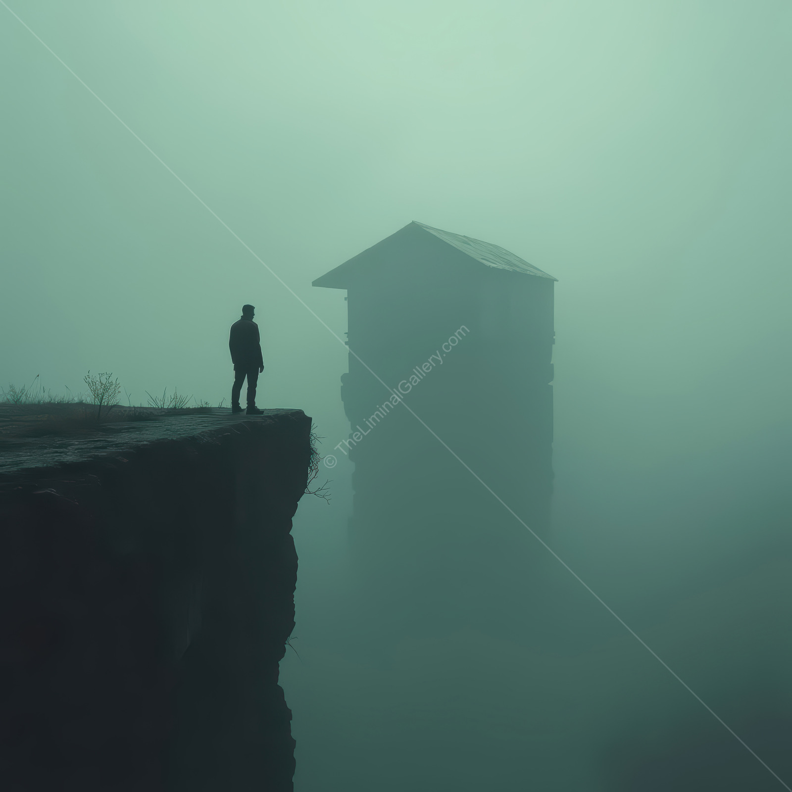 Mysterious figure stands on a cliff overlooking a fog-shrouded house at dawn in a haunting landscape
