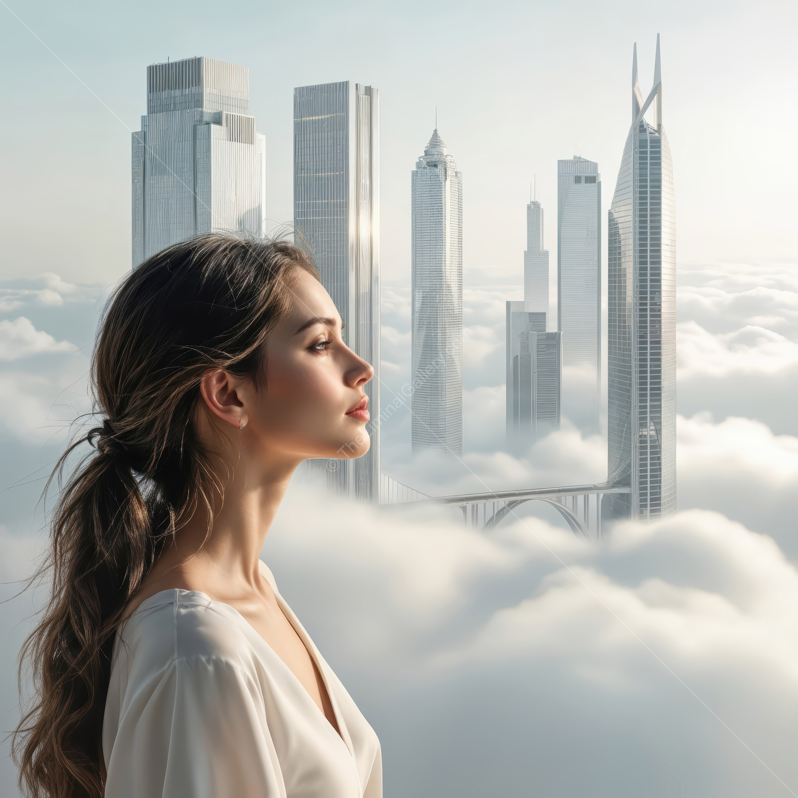 Woman at a cloud brink watches dawn gild sleek towers above a white sea, rim light tracing her profile