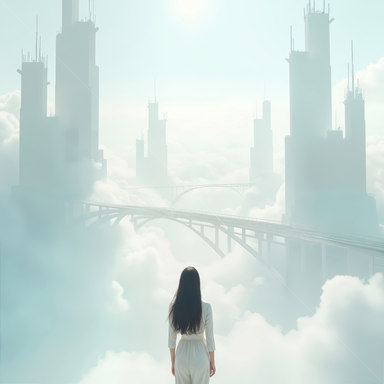 Woman faces a cloud-piercing city from a bright ledge, gauzy dress lit by haze as towers fade into sunlit mist