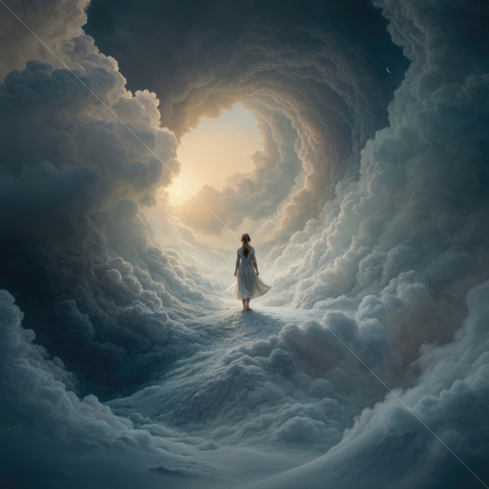 Woman walks a path of layered clouds at first light, soft curls of vapor opening into a brightening sky