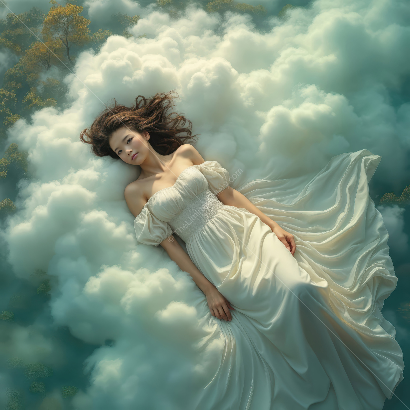 Woman in a white gown lies on billowed clouds at blue-gold twilight, hair blending into the vapor as light feathers the edges